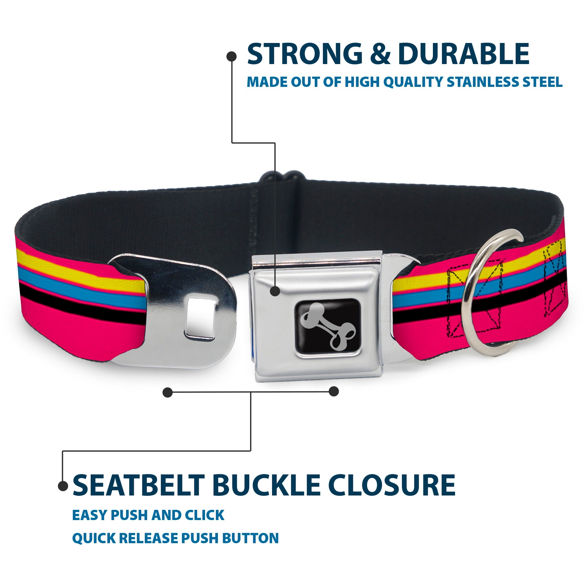 Dog Bone Black/Silver Seatbelt Buckle Collar - Racing Stripes Pink/Yellow/Blue/Black Seatbelt Buckle Collars Buckle-Down