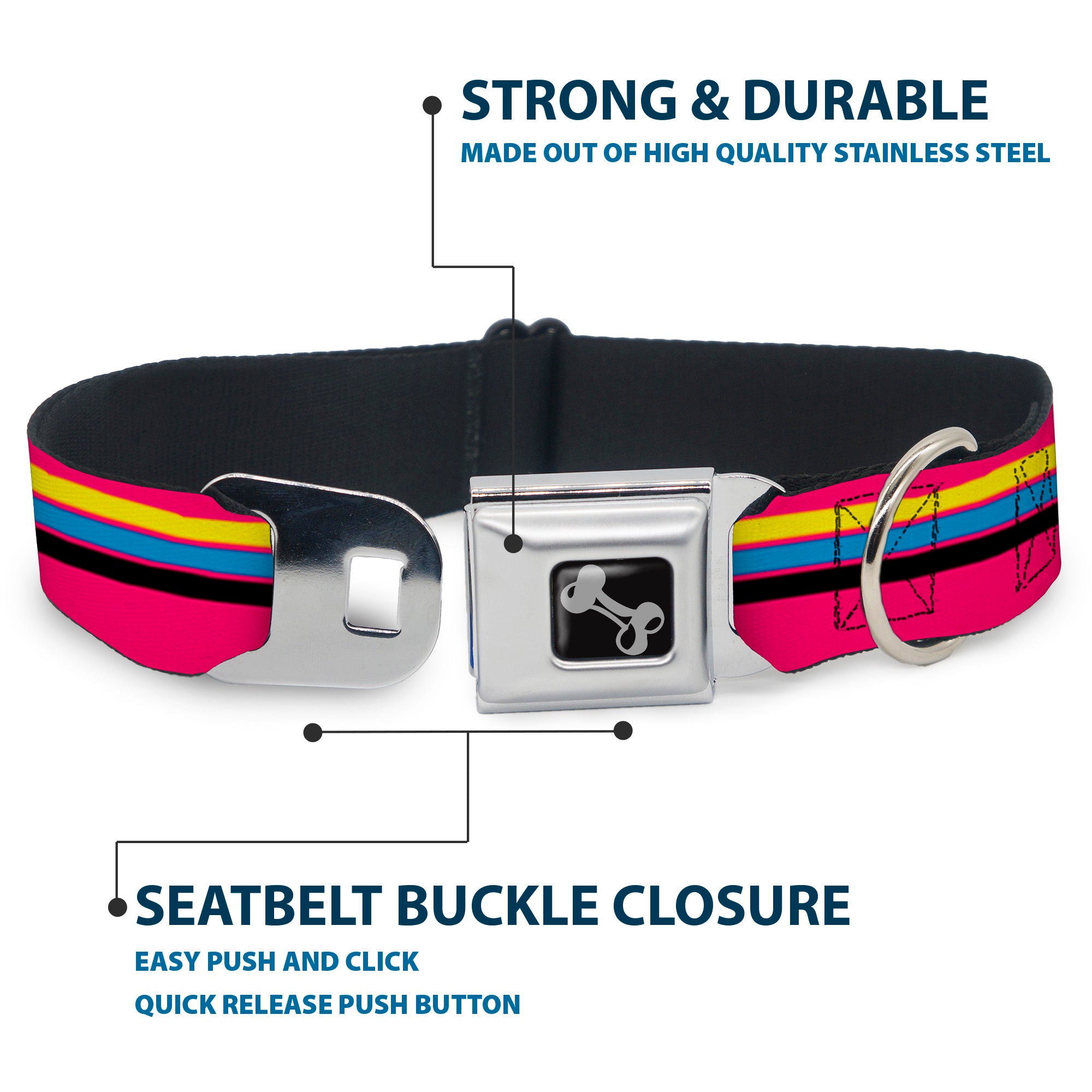 Dog Bone Black/Silver Seatbelt Buckle Collar - Racing Stripes Pink/Yellow/Blue/Black Seatbelt Buckle Collars Buckle-Down