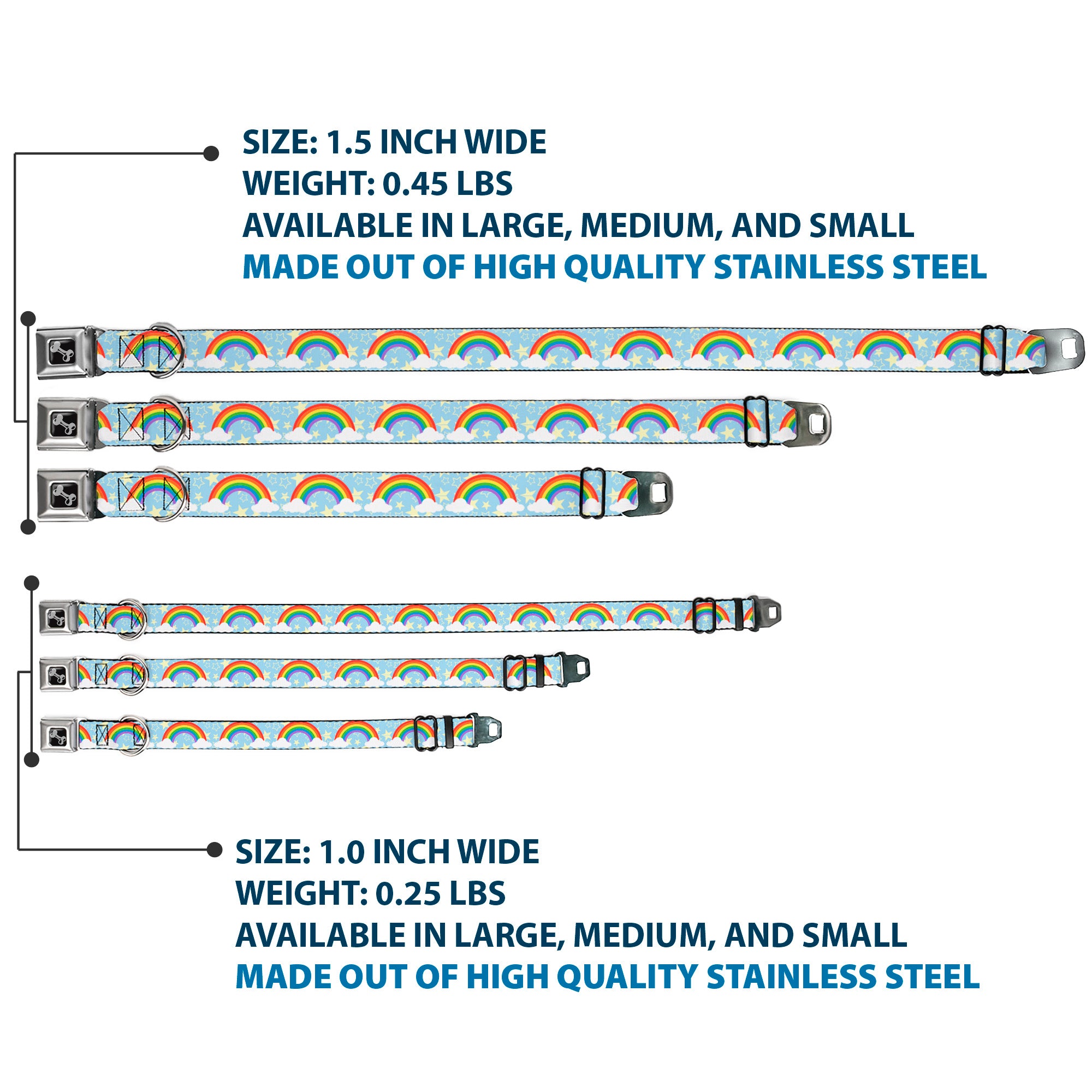Dog Bone Black/Silver Seatbelt Buckle Collar - Rainbows & Stars Light Blue/Yellow/Rainbow Seatbelt Buckle Collars Buckle-Down