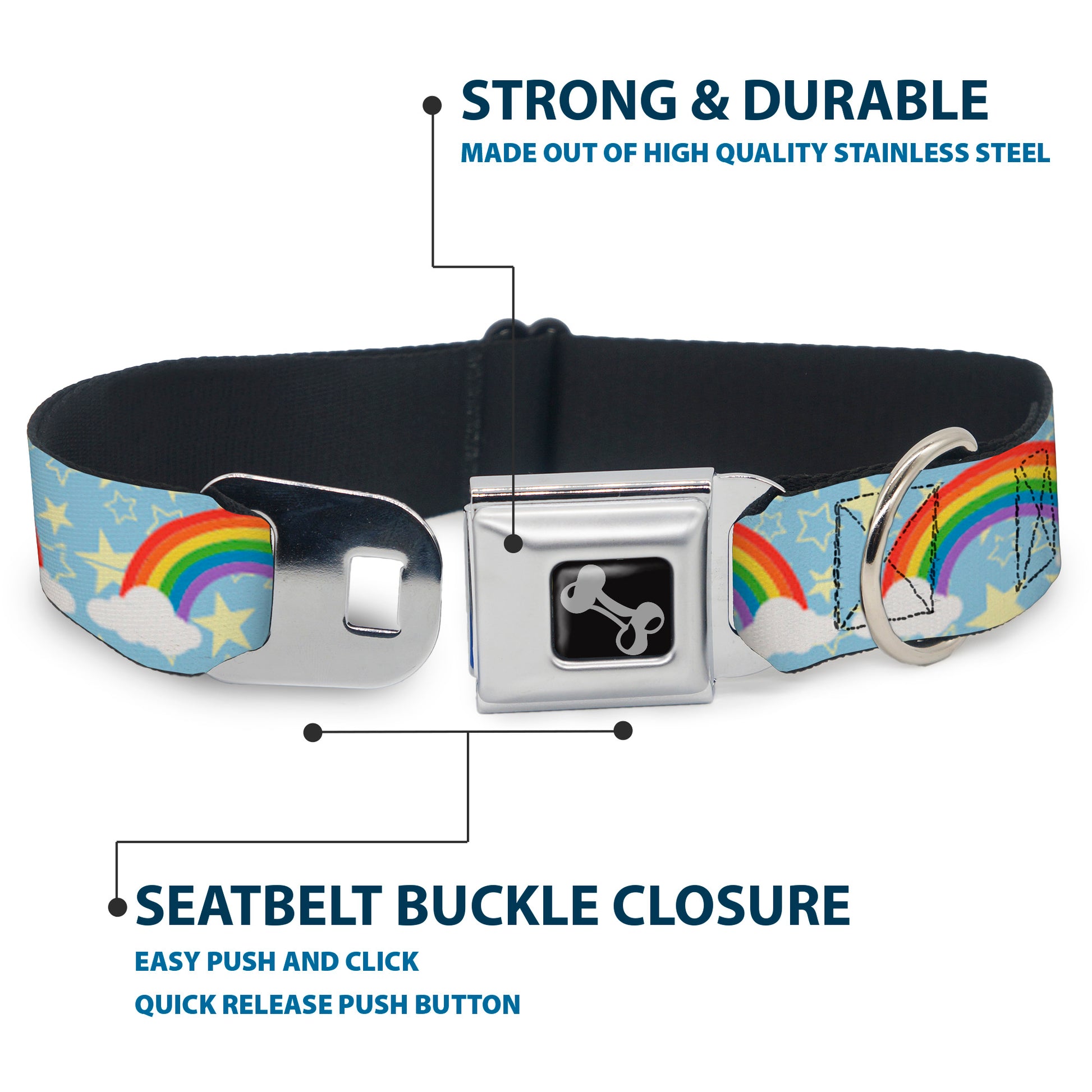 Dog Bone Black/Silver Seatbelt Buckle Collar - Rainbows & Stars Light Blue/Yellow/Rainbow Seatbelt Buckle Collars Buckle-Down