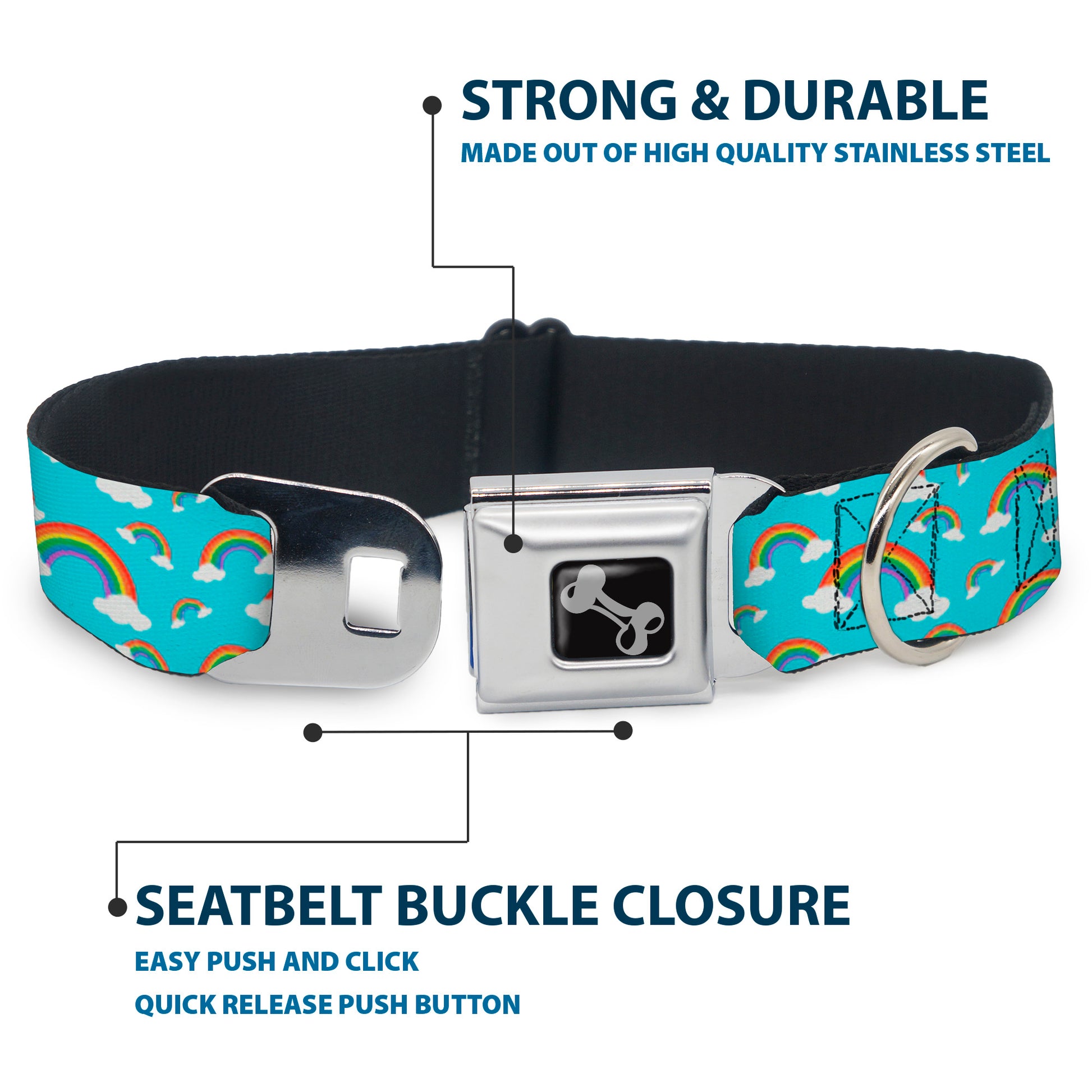 Dog Bone Black/Silver Seatbelt Buckle Collar - Rainbows Scattered Blue Seatbelt Buckle Collars Buckle-Down