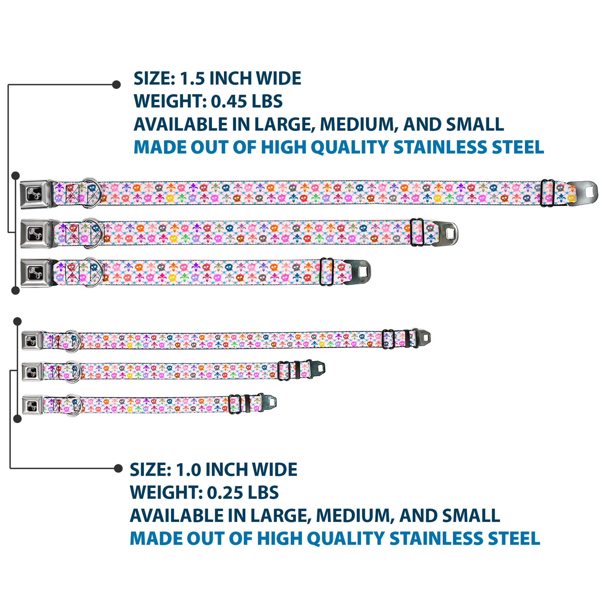 Dog Bone Seatbelt Buckle Collar - Skull & Fleur-de-Lis White/Multi Color Seatbelt Buckle Collars Buckle-Down