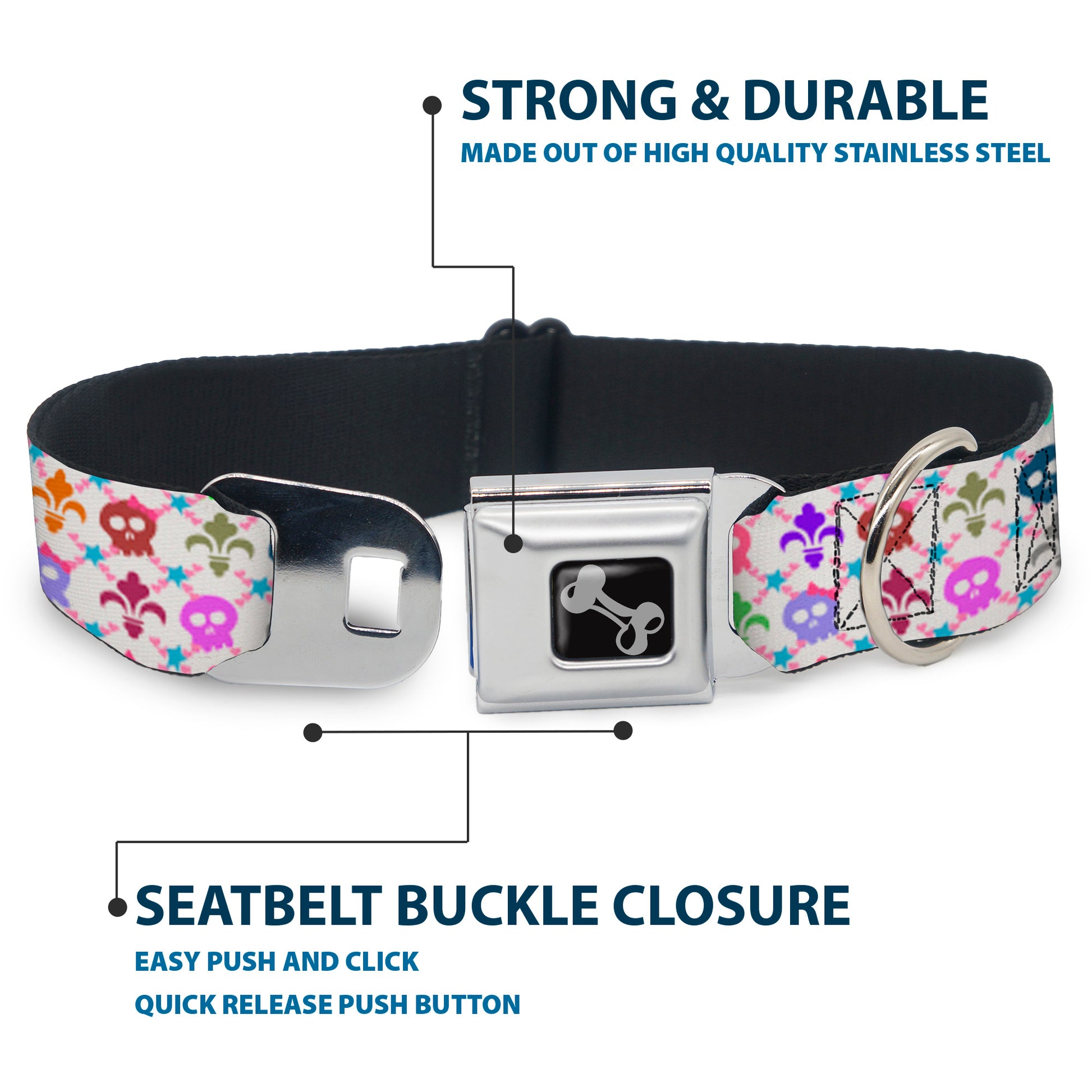 Dog Bone Seatbelt Buckle Collar - Skull & Fleur-de-Lis White/Multi Color Seatbelt Buckle Collars Buckle-Down