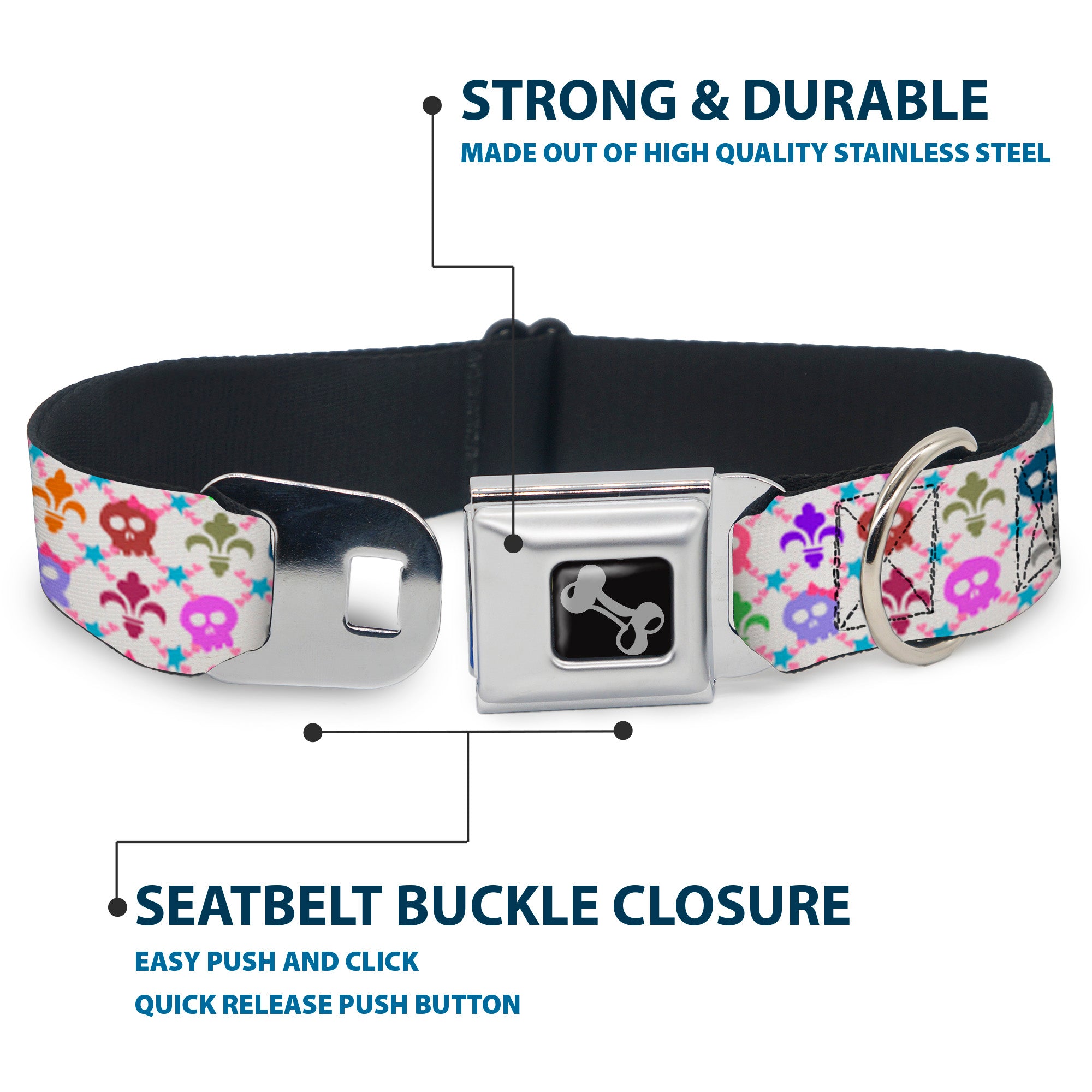 Dog Bone Seatbelt Buckle Collar - Skull & Fleur-de-Lis White/Multi Color Seatbelt Buckle Collars Buckle-Down