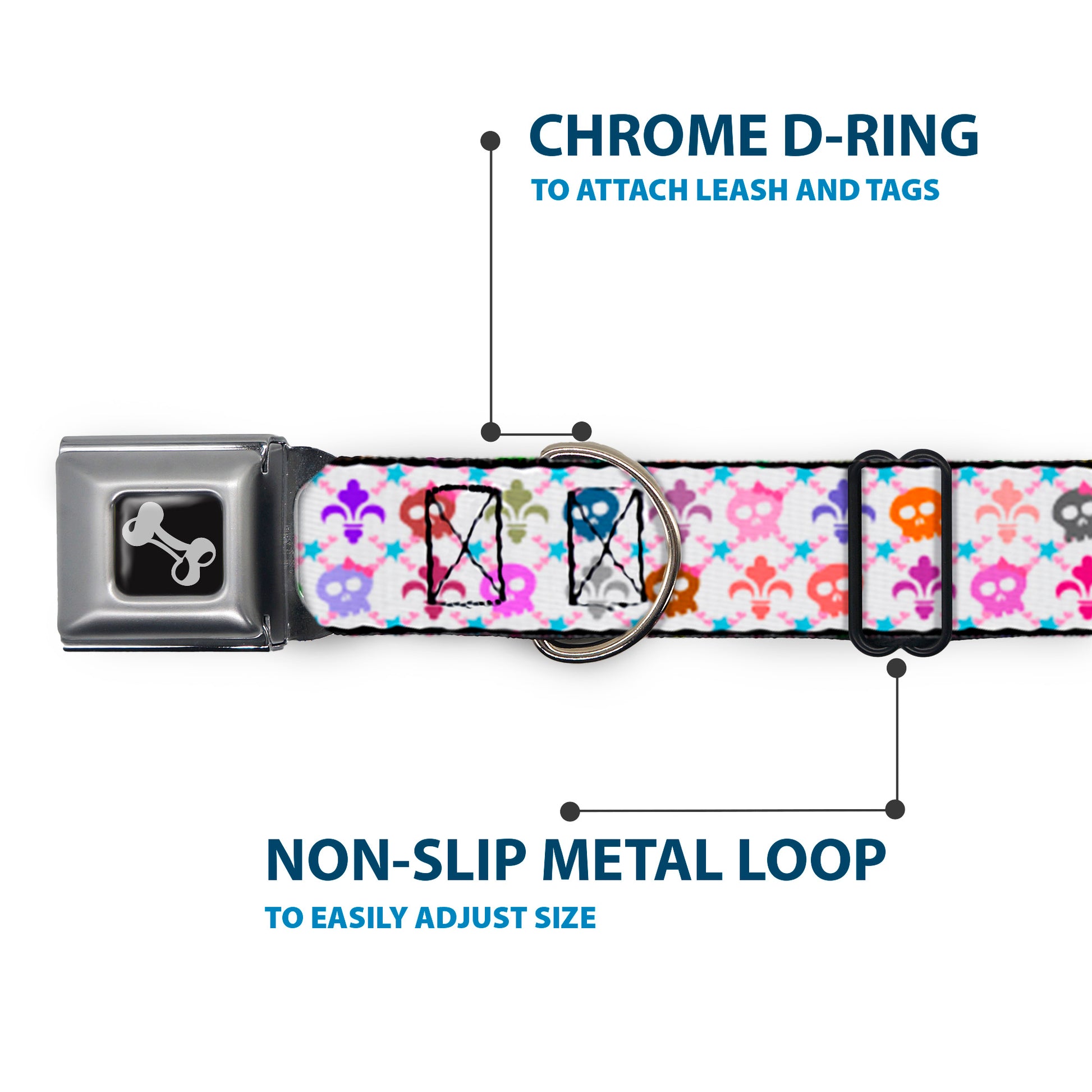 Dog Bone Seatbelt Buckle Collar - Skull & Fleur-de-Lis White/Multi Color Seatbelt Buckle Collars Buckle-Down