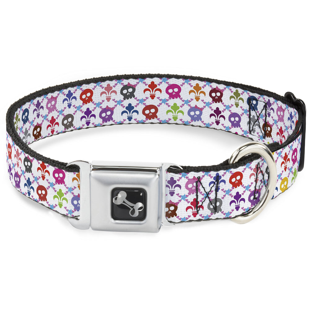 Dog Bone Seatbelt Buckle Collar - Skull & Fleur-de-Lis White/Multi Color Seatbelt Buckle Collars Buckle-Down