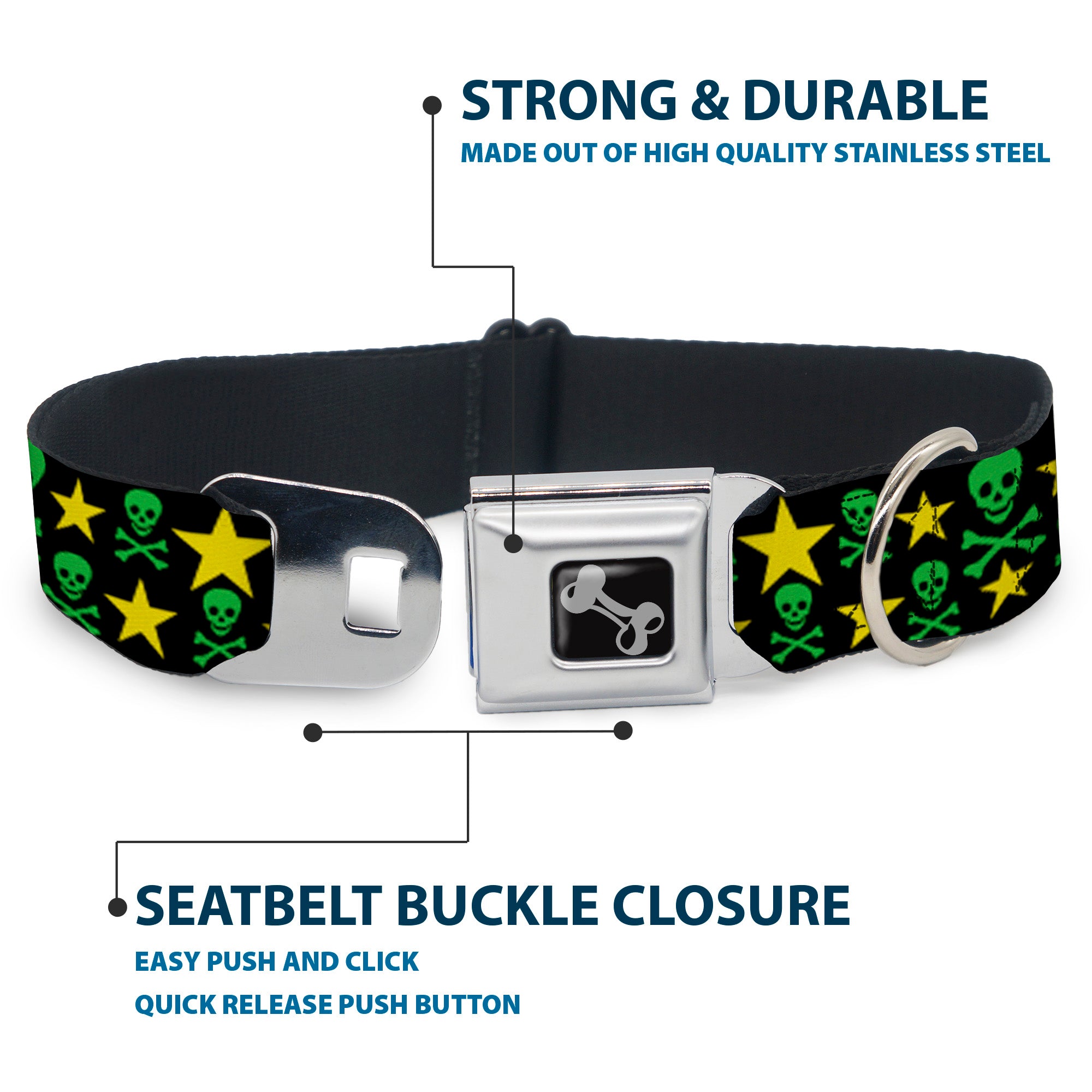 Dog Bone Seatbelt Buckle Collar - Skulls & Stars Black/Green/Yellow Seatbelt Buckle Collars Buckle-Down