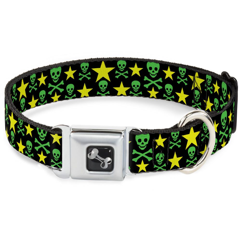 Dog Bone Seatbelt Buckle Collar - Skulls & Stars Black/Green/Yellow Seatbelt Buckle Collars Buckle-Down