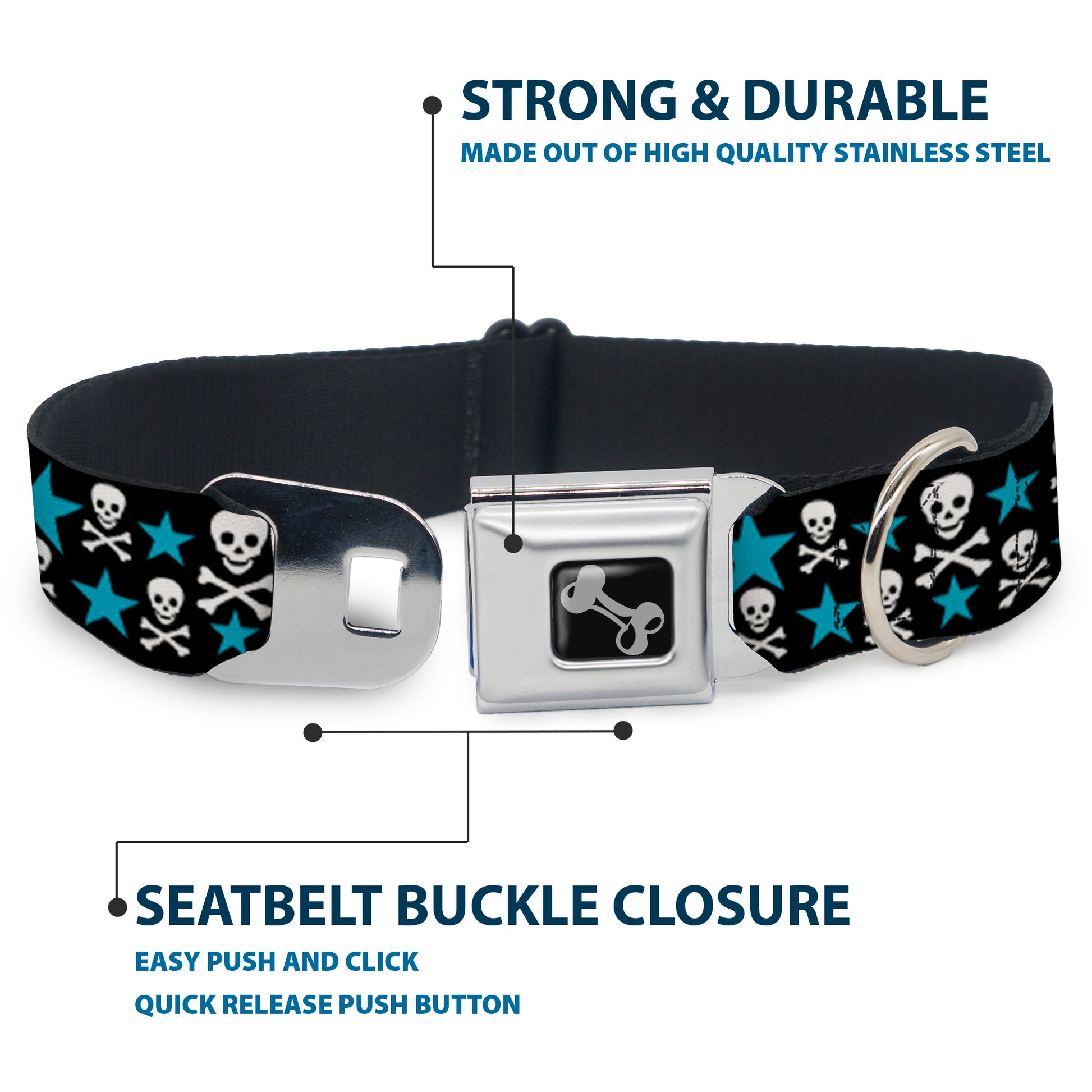 Dog Bone Seatbelt Buckle Collar - Skulls & Stars Black/White/Blue Seatbelt Buckle Collars Buckle-Down