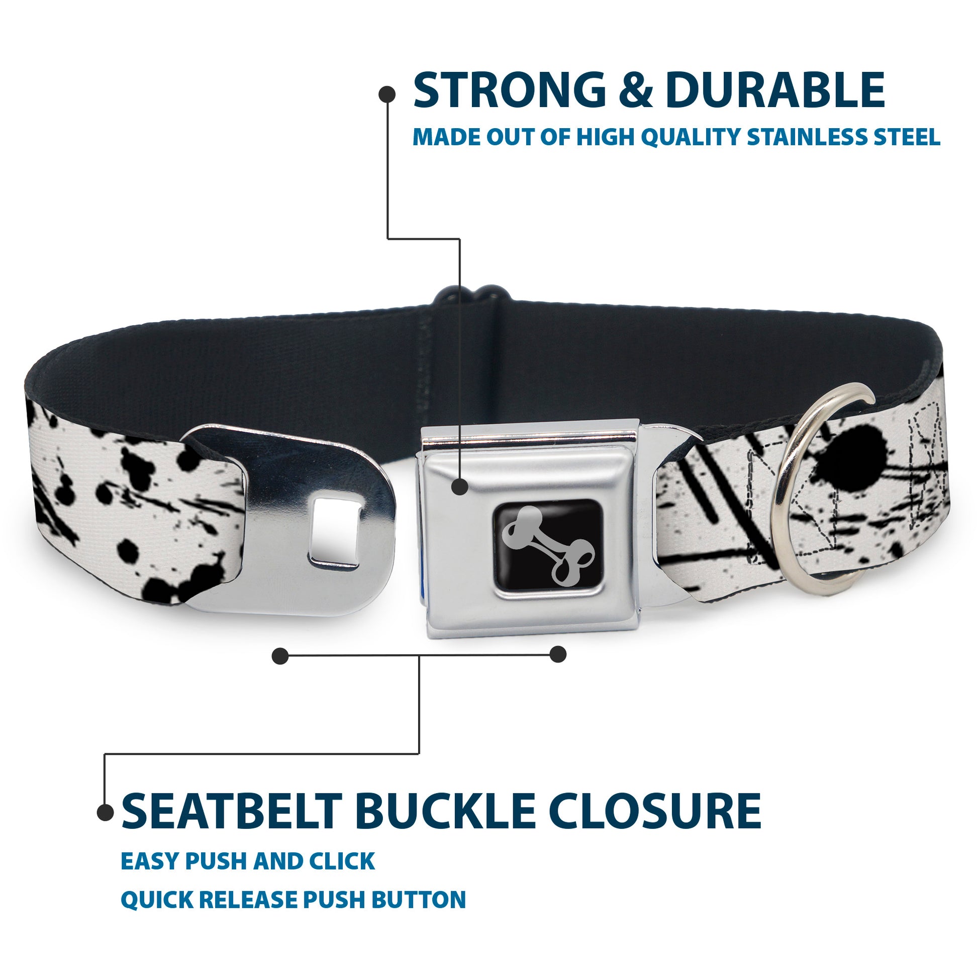 Dog Bone Seatbelt Buckle Collar - Splatter White/Black Seatbelt Buckle Collars Buckle-Down