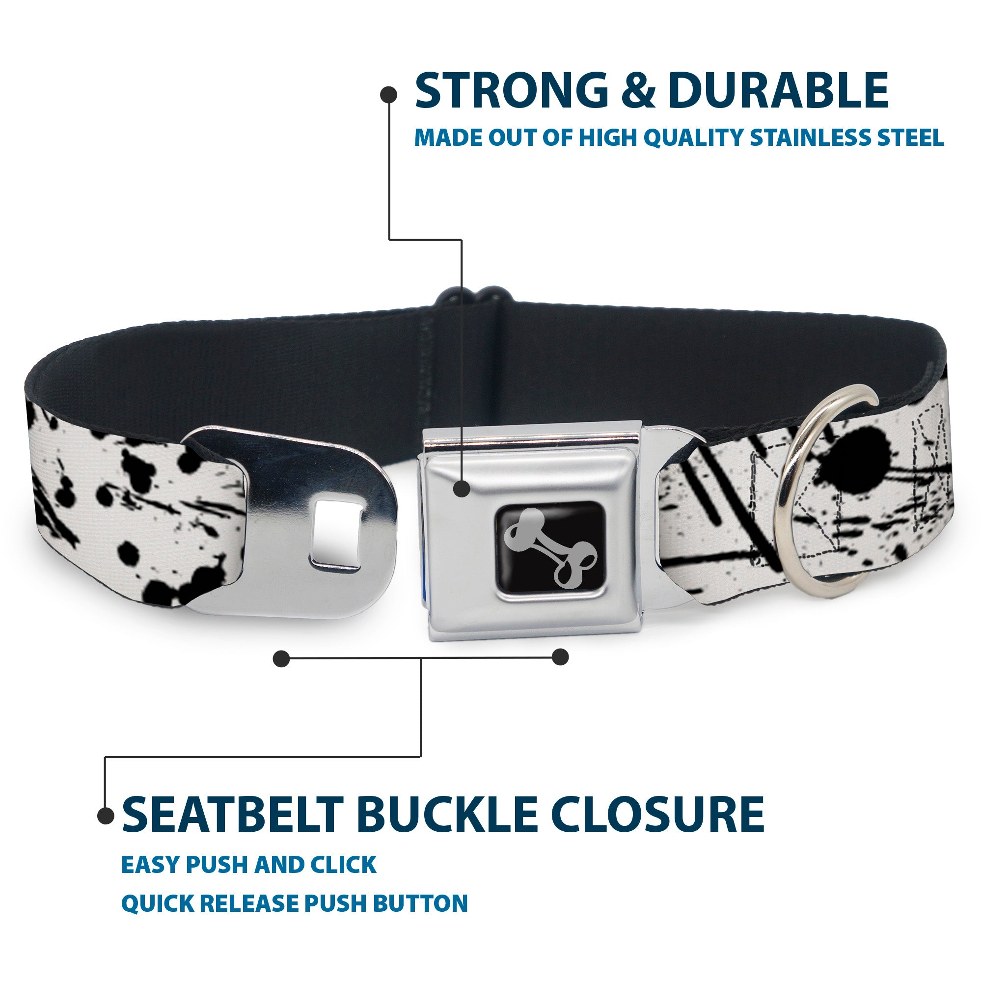 Dog Bone Seatbelt Buckle Collar - Splatter White/Black Seatbelt Buckle Collars Buckle-Down