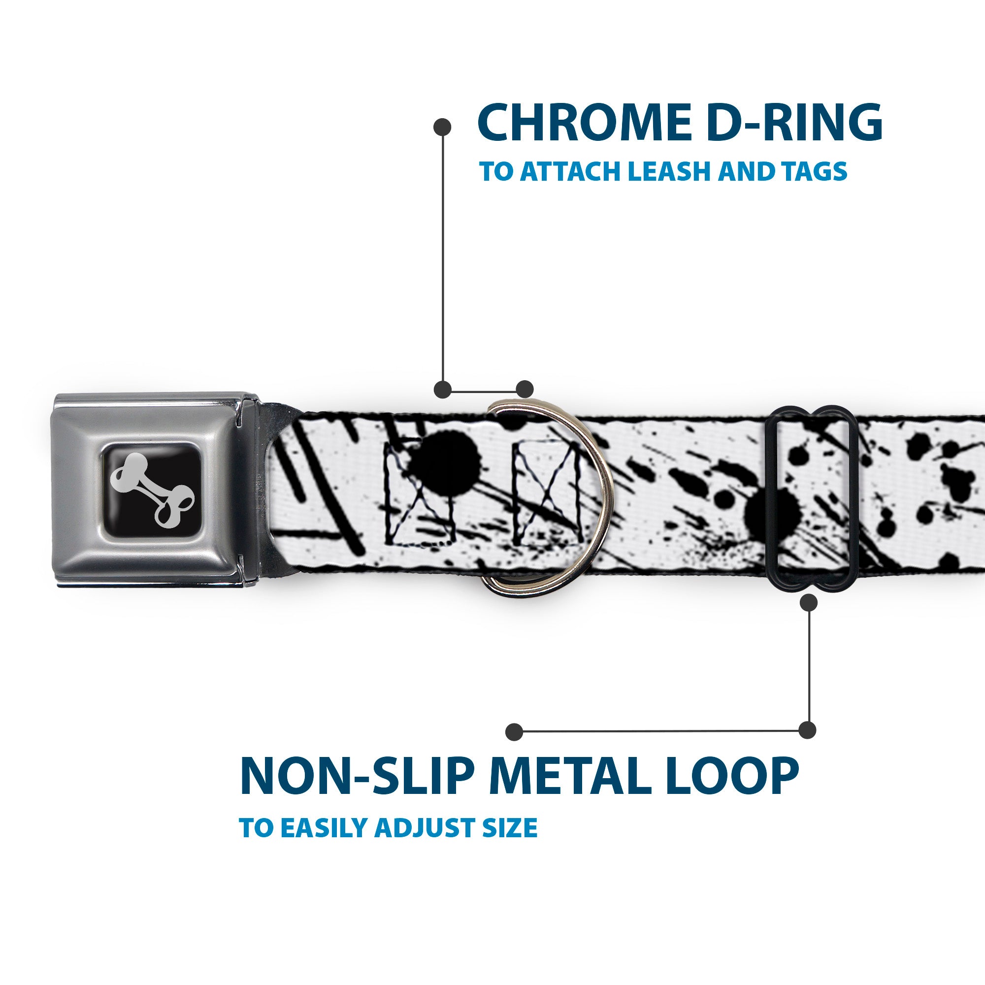 Dog Bone Seatbelt Buckle Collar - Splatter White/Black Seatbelt Buckle Collars Buckle-Down