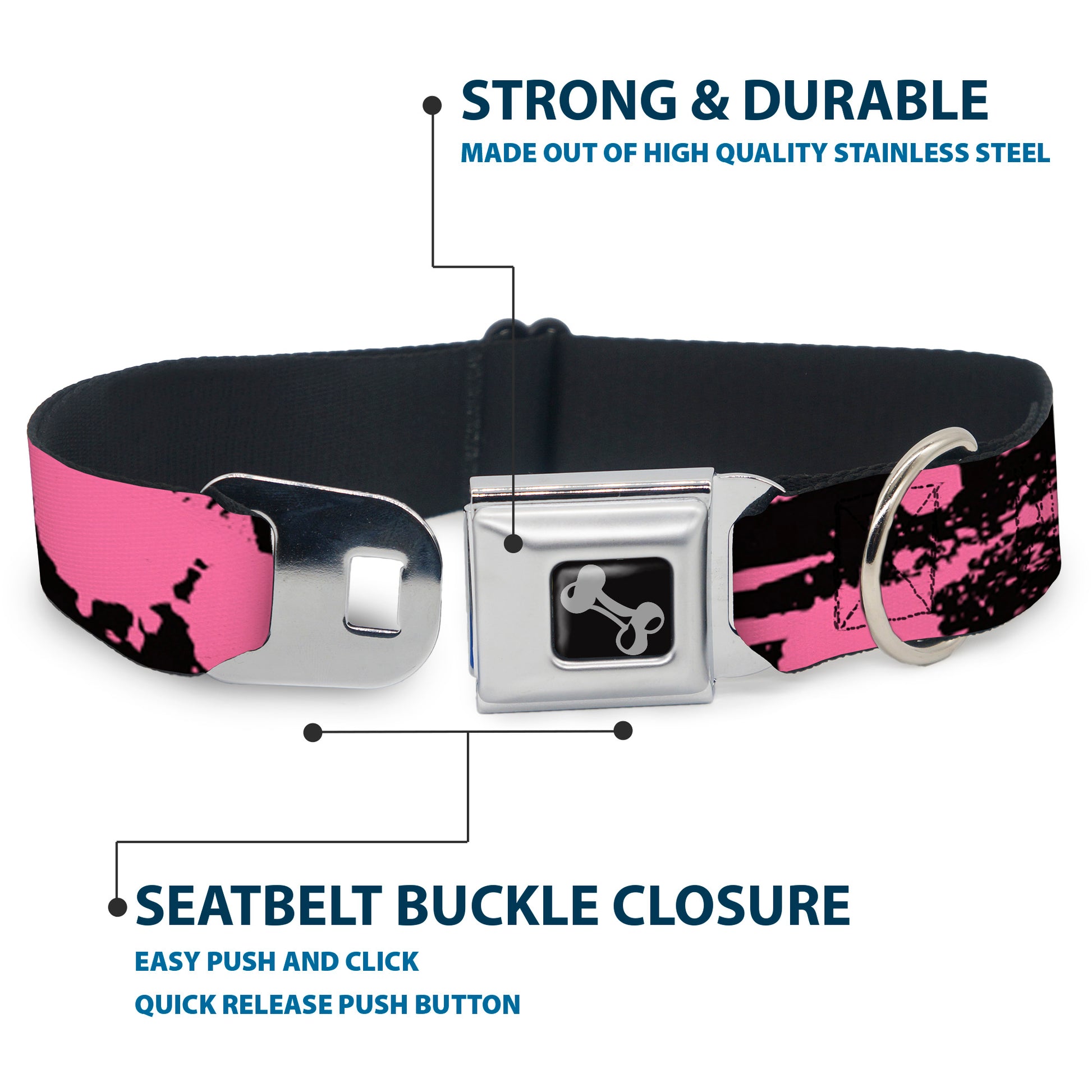 Dog Bone Seatbelt Buckle Collar - Splatter Black/Pink Seatbelt Buckle Collars Buckle-Down