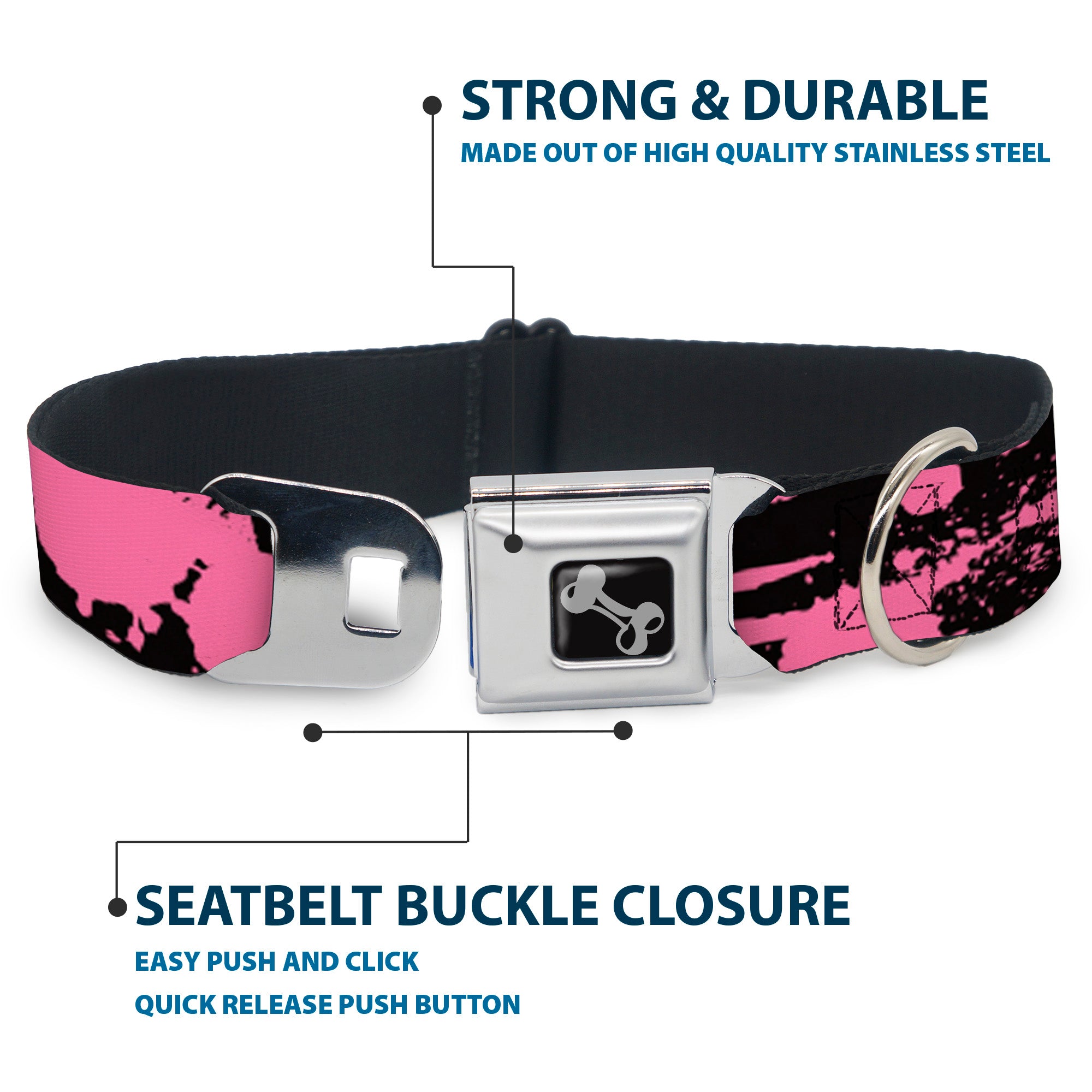 Dog Bone Seatbelt Buckle Collar - Splatter Black/Pink Seatbelt Buckle Collars Buckle-Down