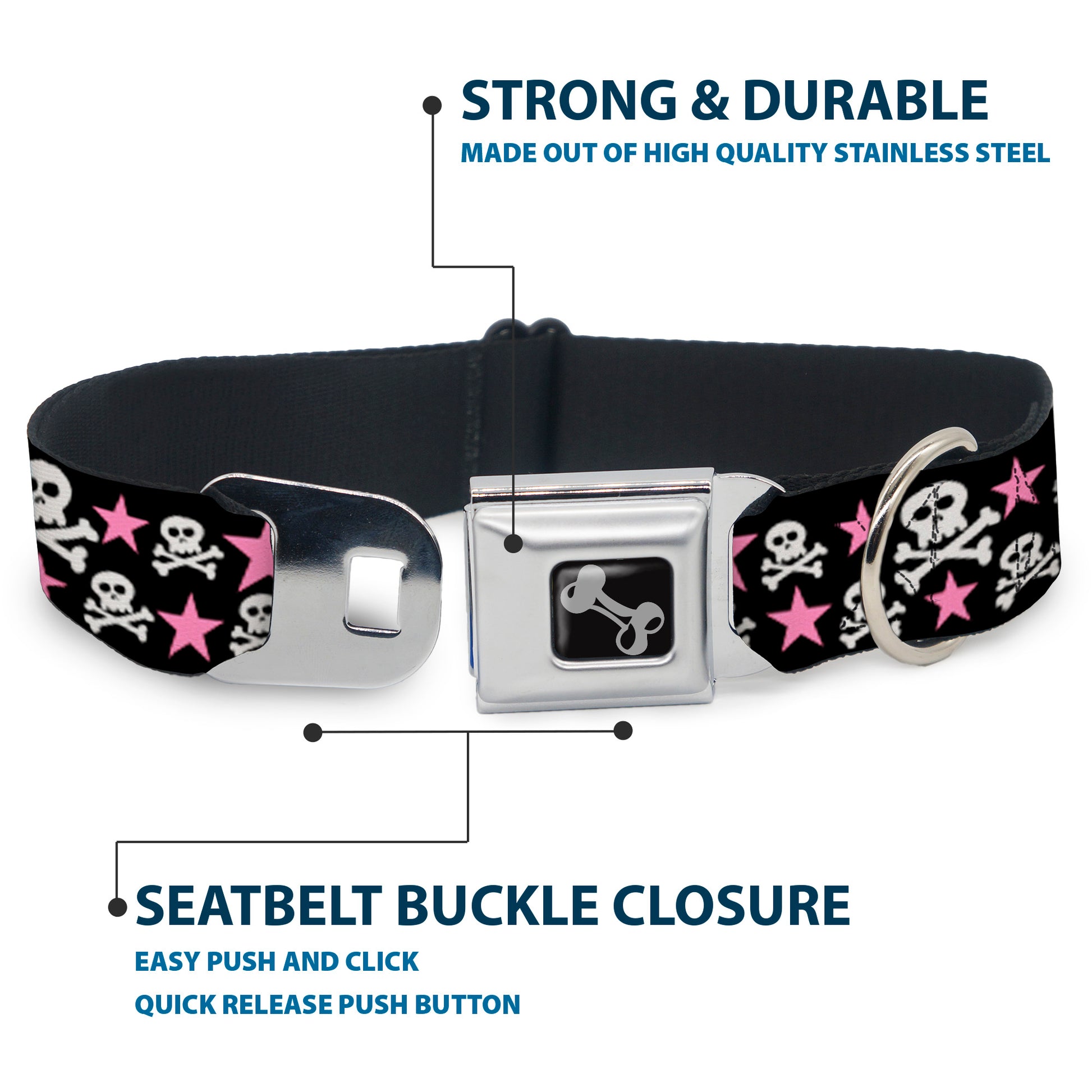 Dog Bone Seatbelt Buckle Collar - Skulls & Stars Black/White/Pink Seatbelt Buckle Collars Buckle-Down