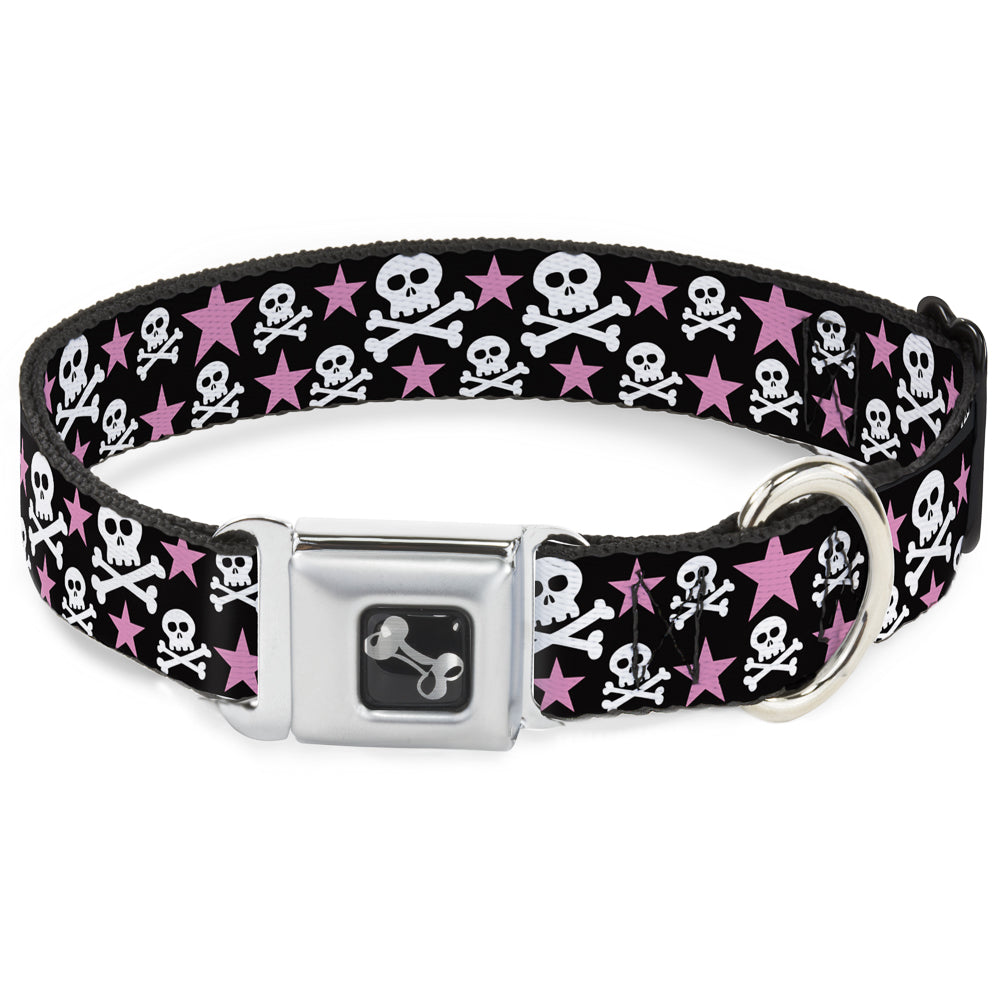 Dog Bone Seatbelt Buckle Collar - Skulls & Stars Black/White/Pink Seatbelt Buckle Collars Buckle-Down