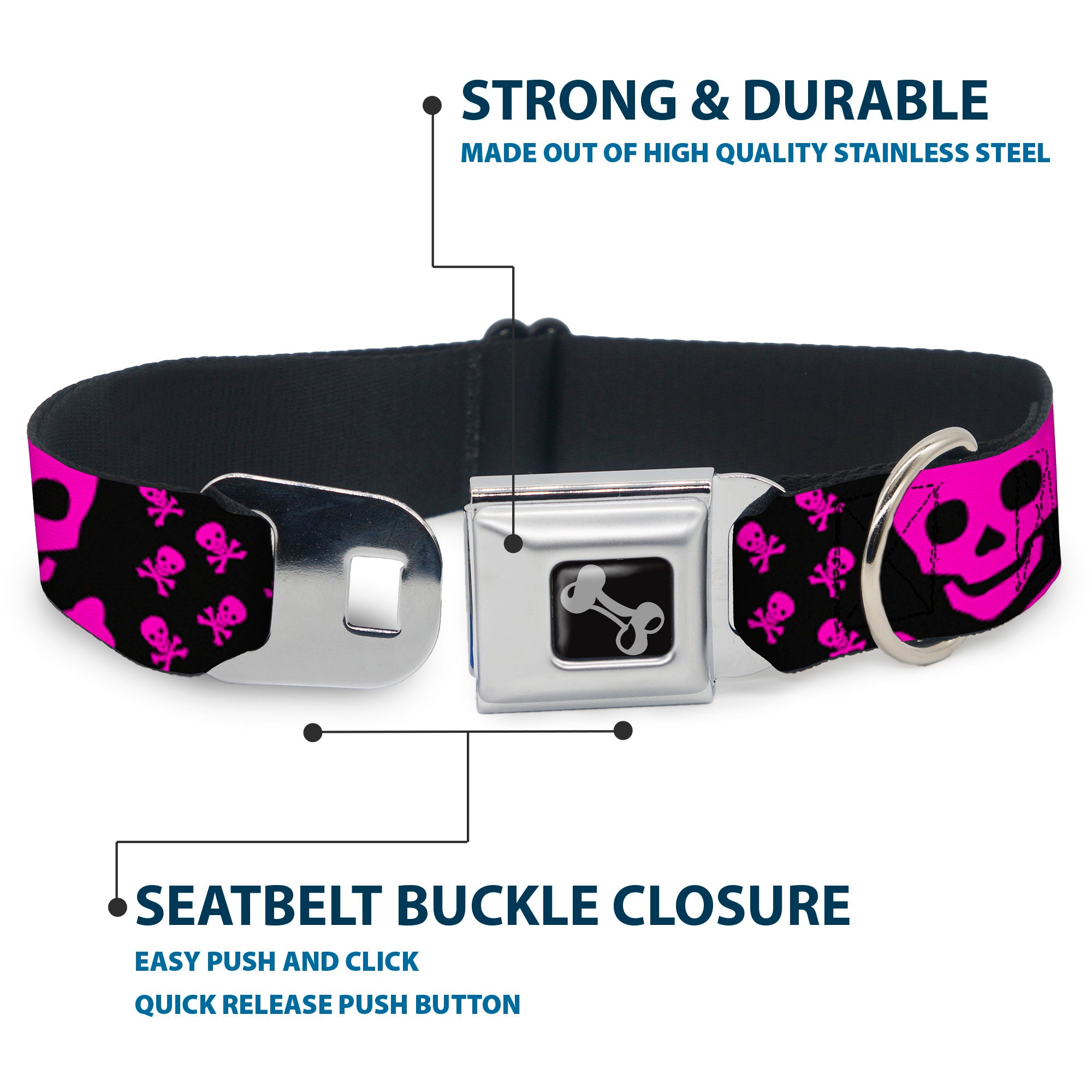 Dog Bone Seatbelt Buckle Collar - Skull w/Babies Black/Fuchsia Seatbelt Buckle Collars Buckle-Down