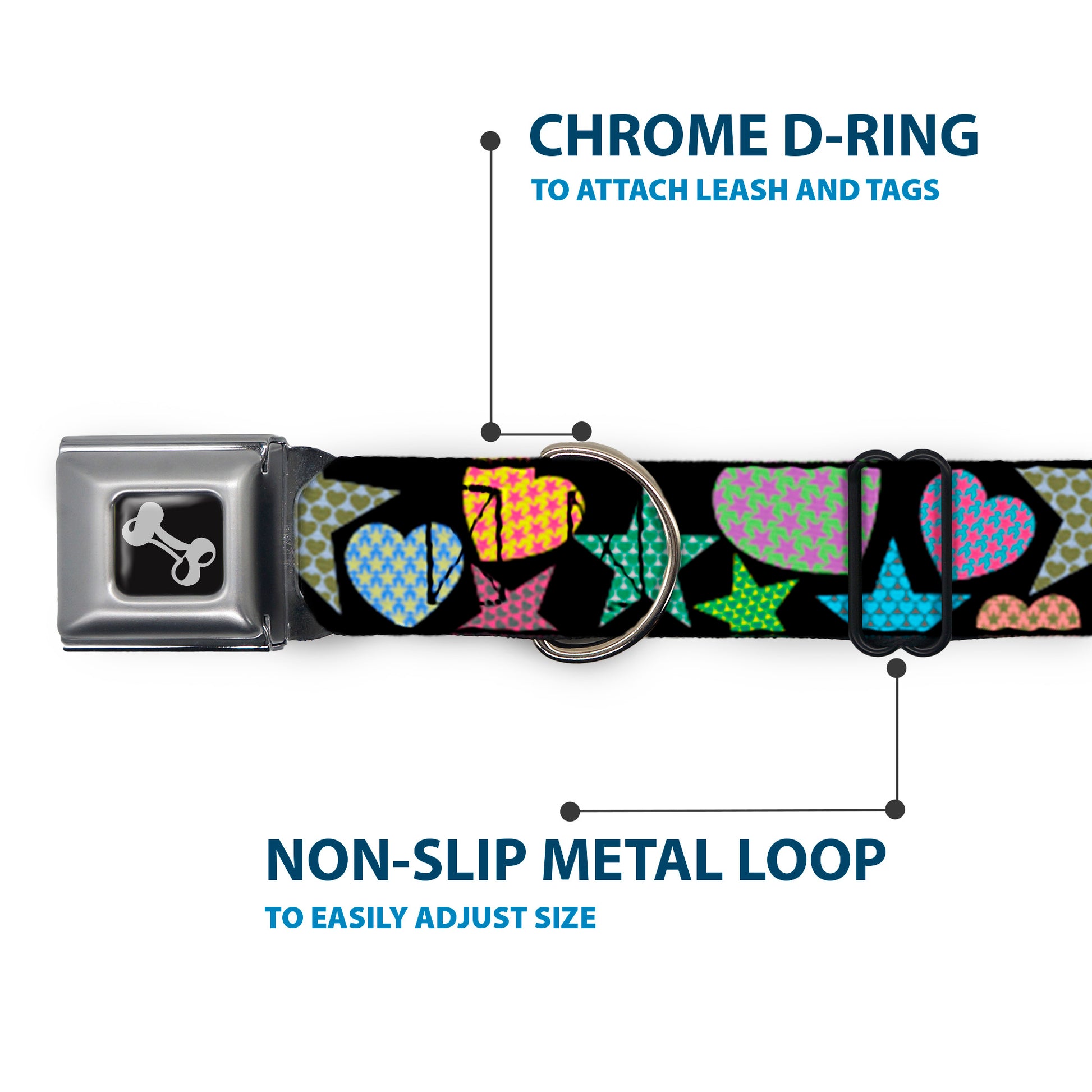 Dog Bone Seatbelt Buckle Collar - Stars-In Hearts-In Stars Black/Multi Seatbelt Buckle Collars Buckle-Down