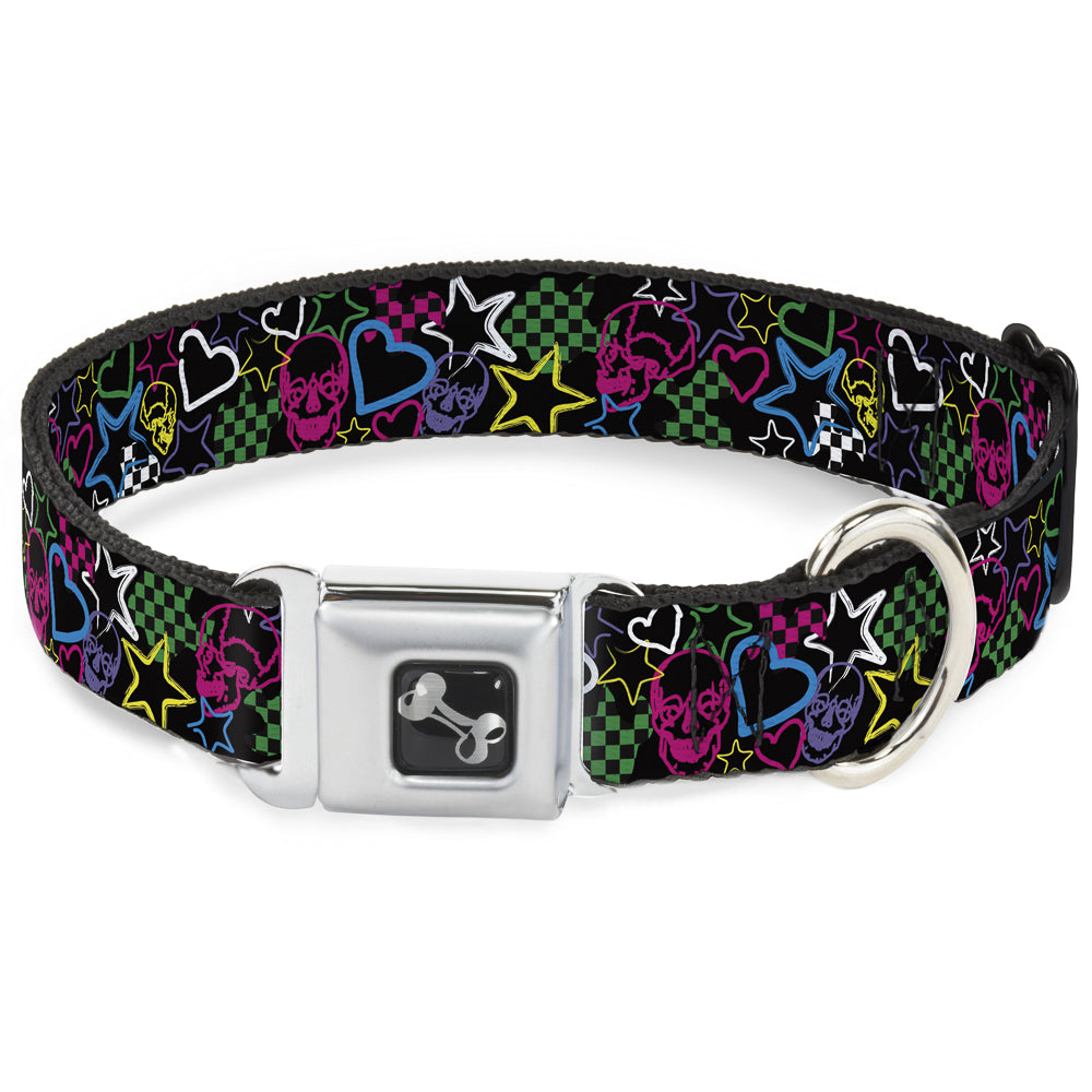 Dog Bone Seatbelt Buckle Collar - Sketch Skull/Star/Heart/Checker Black/Multi Seatbelt Buckle Collars Buckle-Down