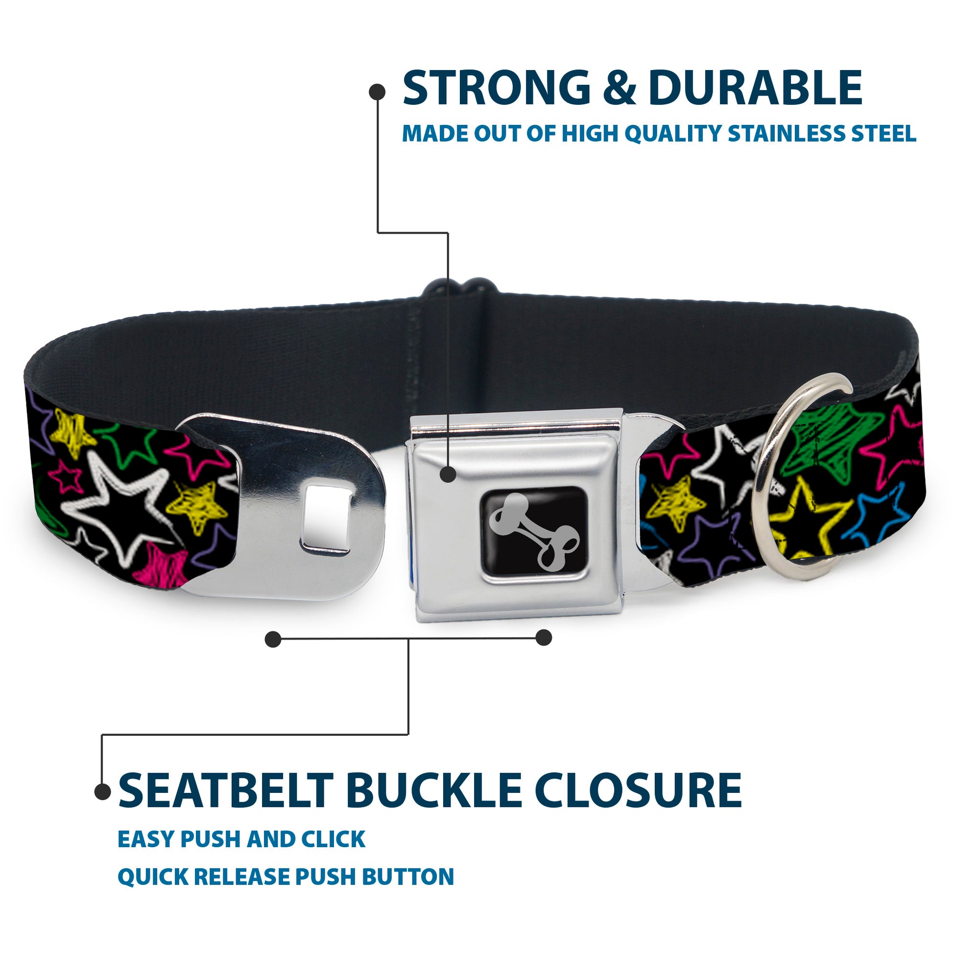 Dog Bone Seatbelt Buckle Collar - Sketch Stars Black/Multi Color Seatbelt Buckle Collars Buckle-Down