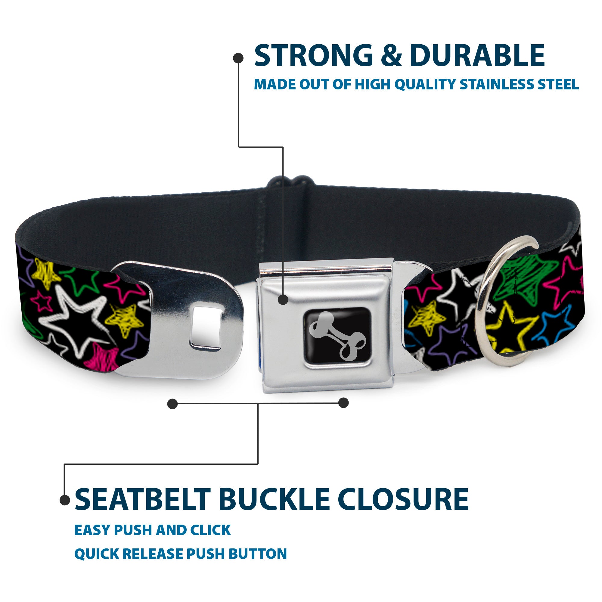 Dog Bone Seatbelt Buckle Collar - Sketch Stars Black/Multi Color Seatbelt Buckle Collars Buckle-Down