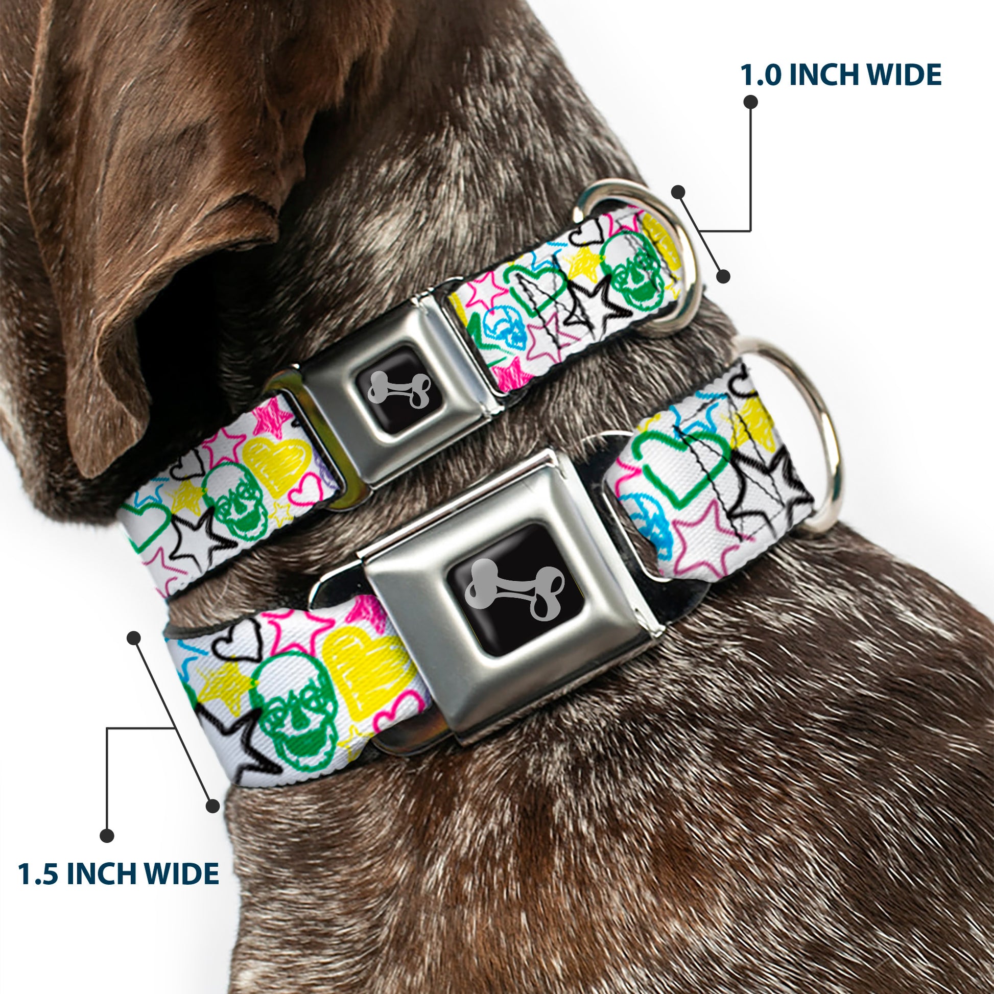 Dog Bone Seatbelt Buckle Collar - Sketch Skull/Star/Heart White/Multi Color Seatbelt Buckle Collars Buckle-Down