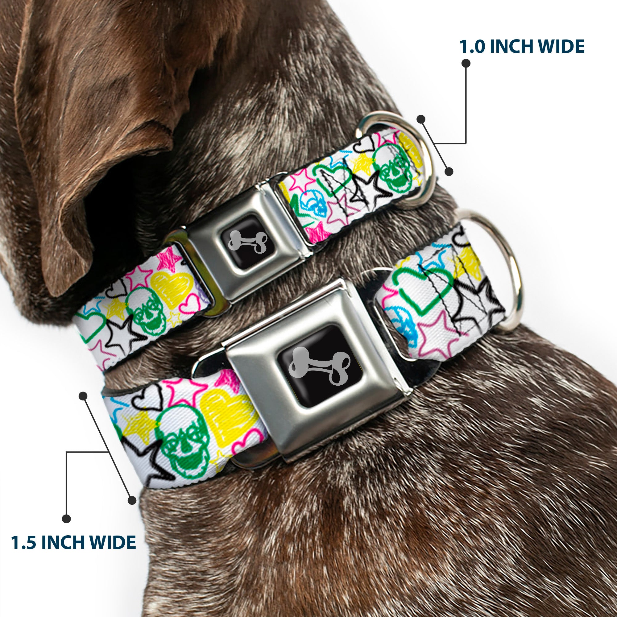Dog Bone Seatbelt Buckle Collar - Sketch Skull/Star/Heart White/Multi Color Seatbelt Buckle Collars Buckle-Down