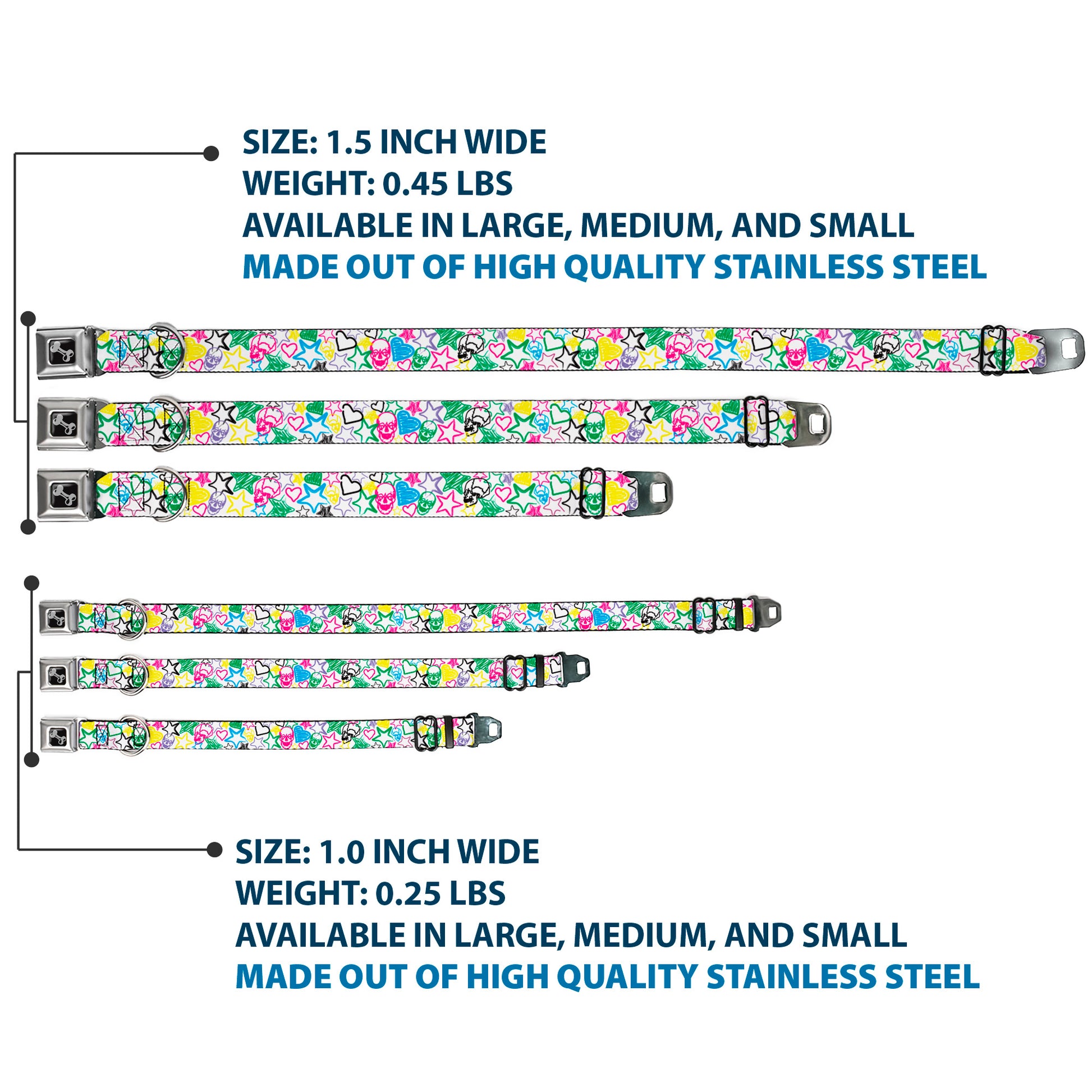 Dog Bone Seatbelt Buckle Collar - Sketch Skull/Star/Heart White/Multi Color Seatbelt Buckle Collars Buckle-Down