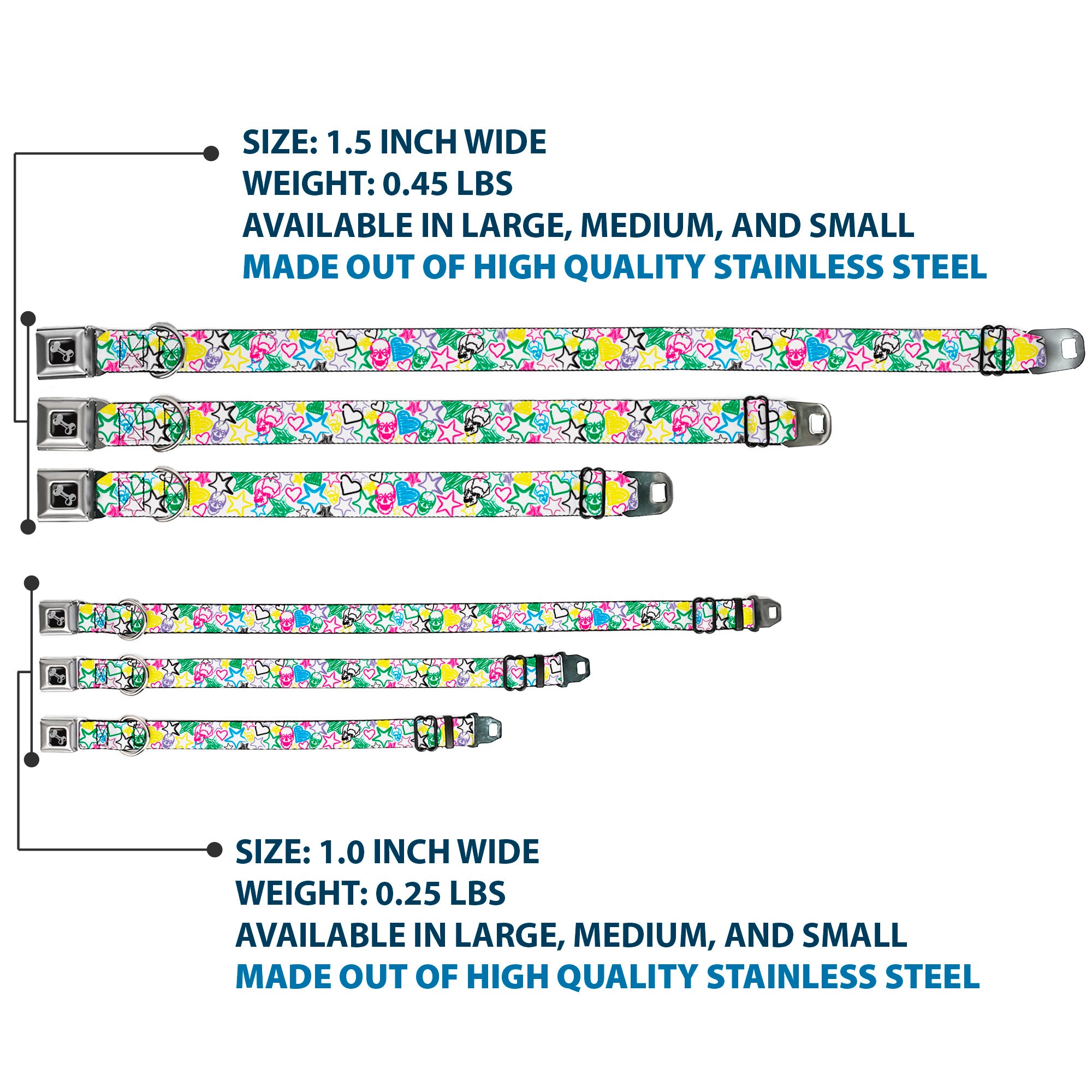 Dog Bone Seatbelt Buckle Collar - Sketch Skull/Star/Heart White/Multi Color Seatbelt Buckle Collars Buckle-Down