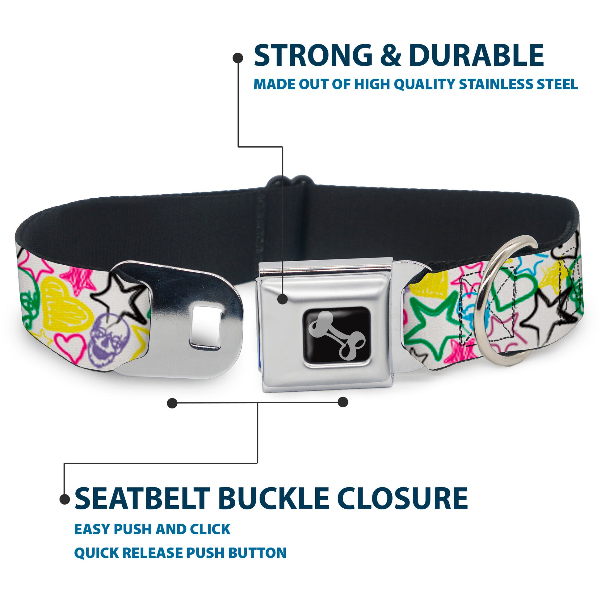 Dog Bone Seatbelt Buckle Collar - Sketch Skull/Star/Heart White/Multi Color Seatbelt Buckle Collars Buckle-Down