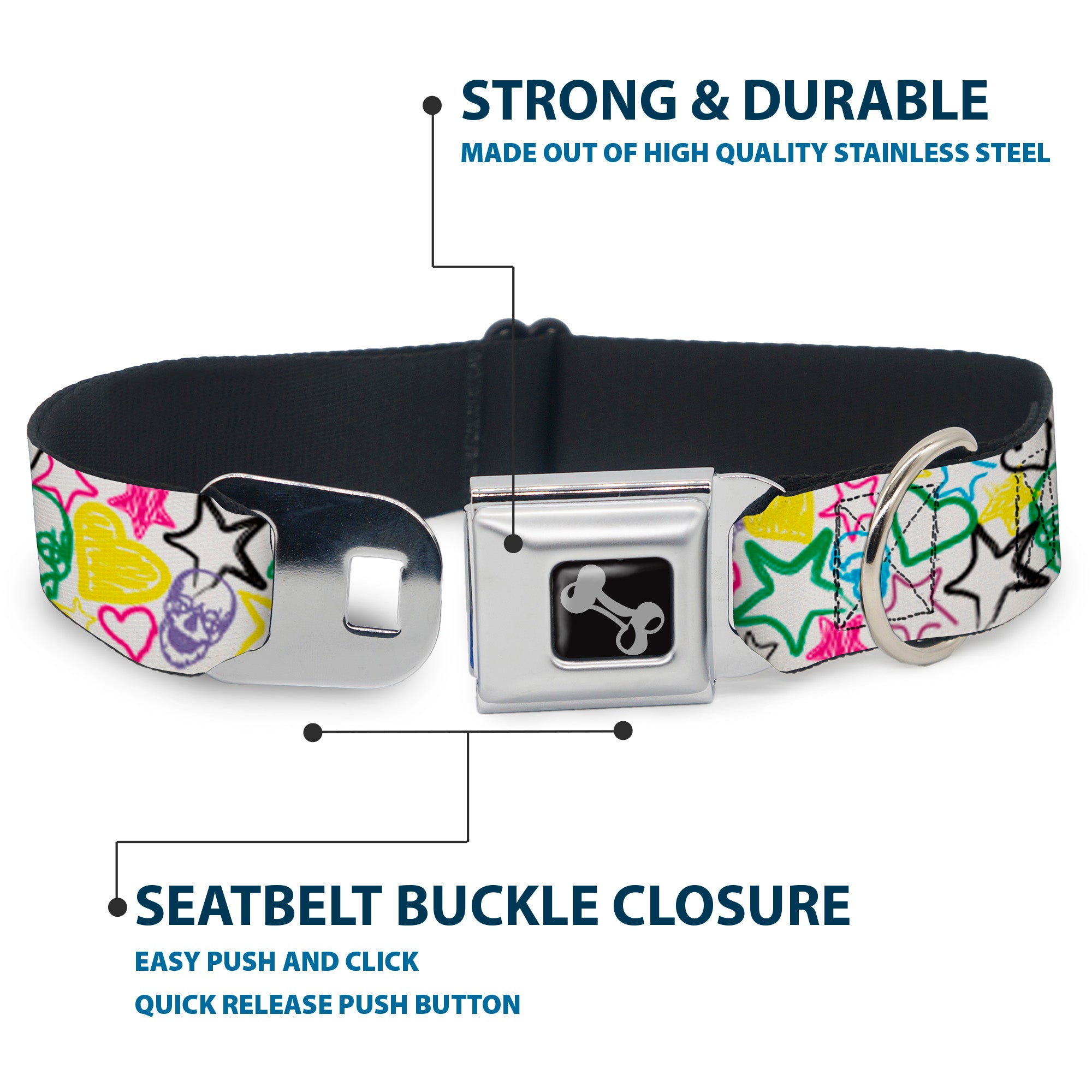 Dog Bone Seatbelt Buckle Collar - Sketch Skull/Star/Heart White/Multi Color Seatbelt Buckle Collars Buckle-Down