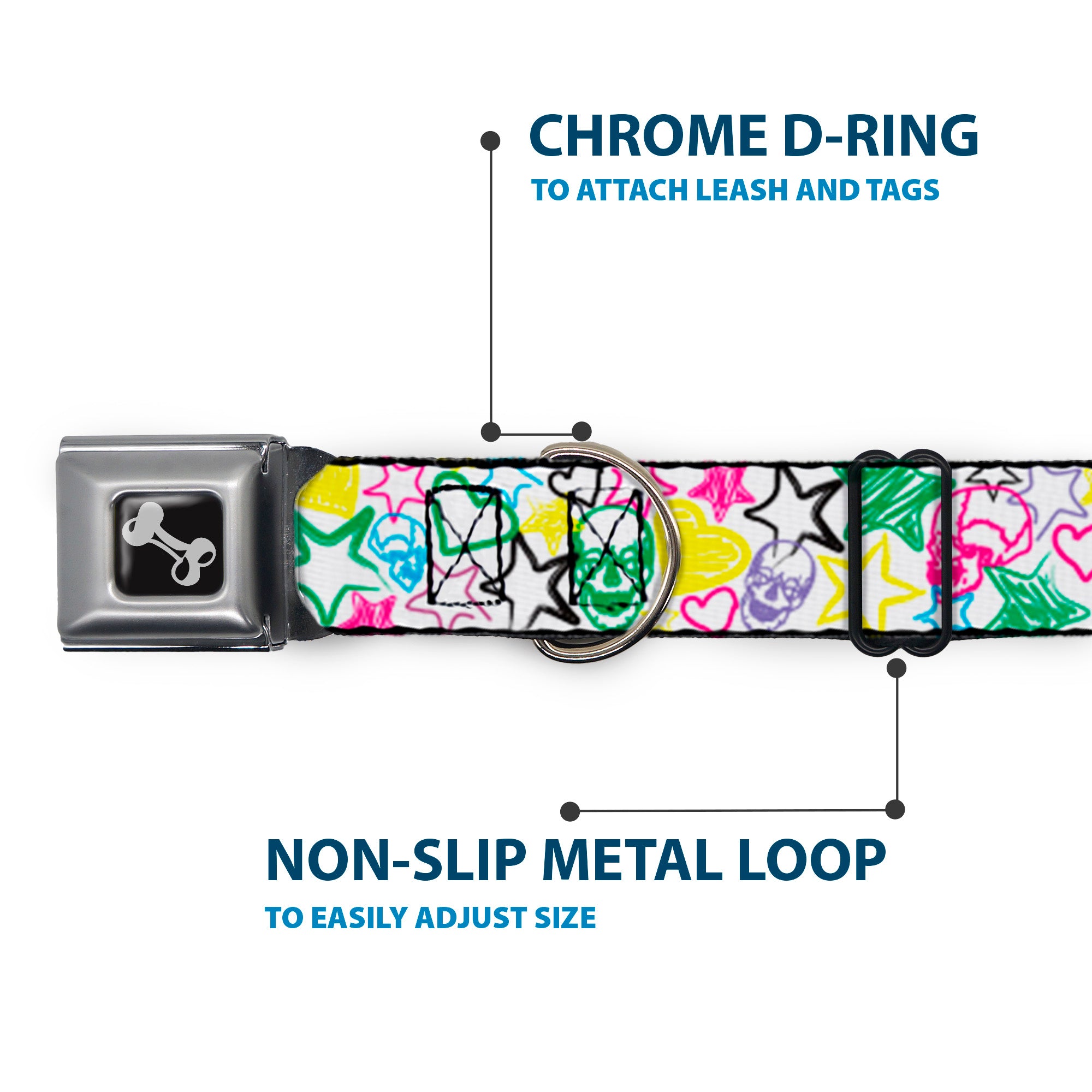 Dog Bone Seatbelt Buckle Collar - Sketch Skull/Star/Heart White/Multi Color Seatbelt Buckle Collars Buckle-Down
