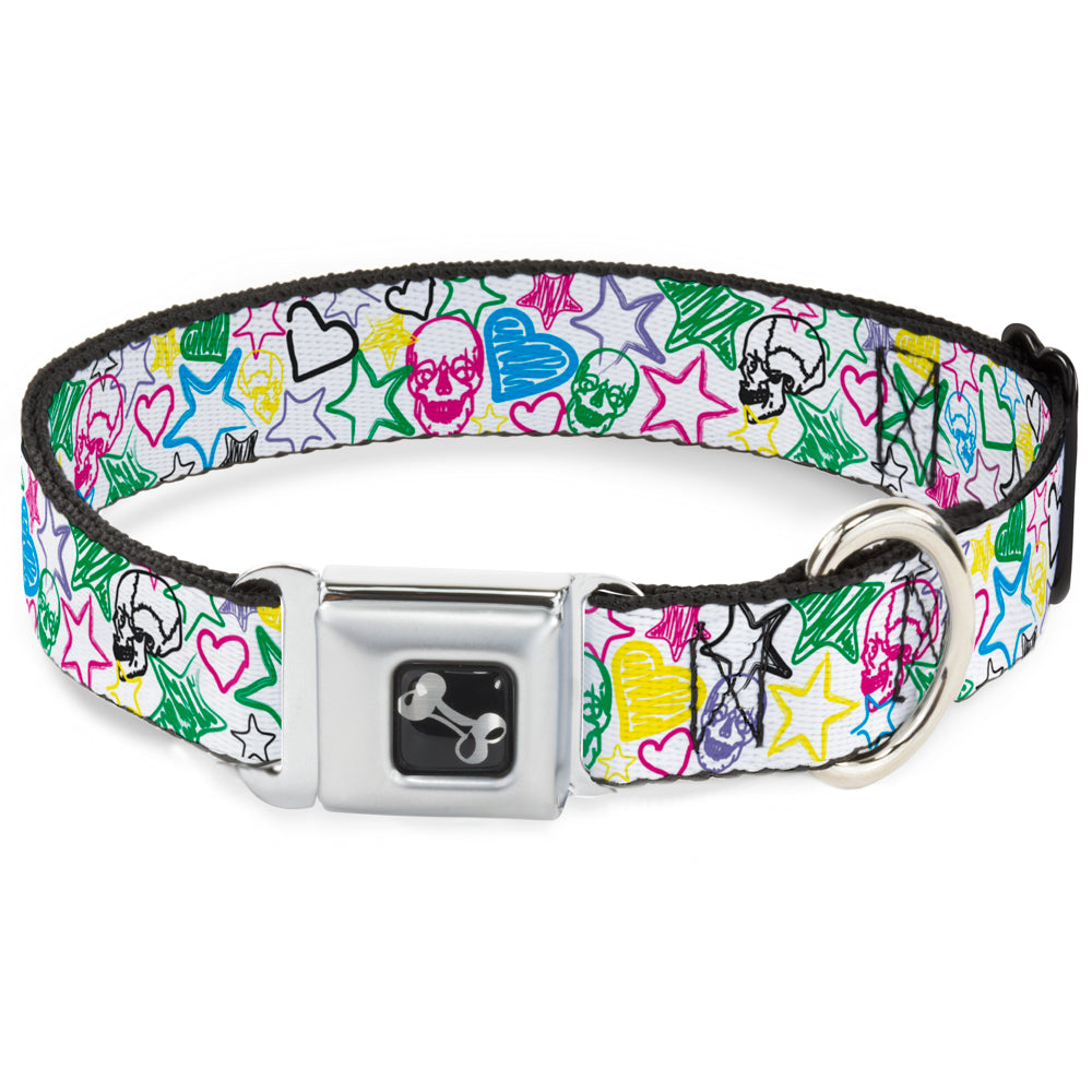 Dog Bone Seatbelt Buckle Collar - Sketch Skull/Star/Heart White/Multi Color Seatbelt Buckle Collars Buckle-Down