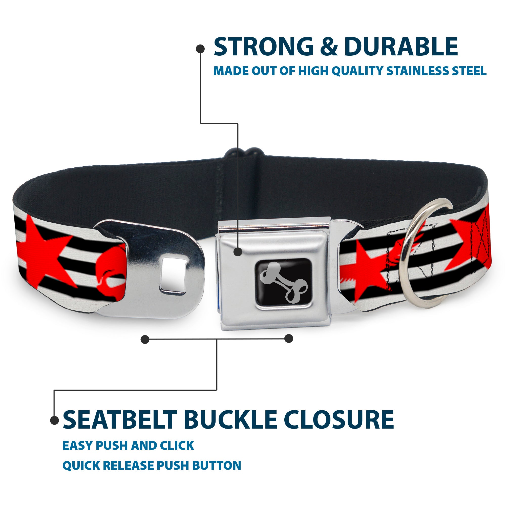 Dog Bone Seatbelt Buckle Collar - Stripes & Stars Black/White/Red Seatbelt Buckle Collars Buckle-Down