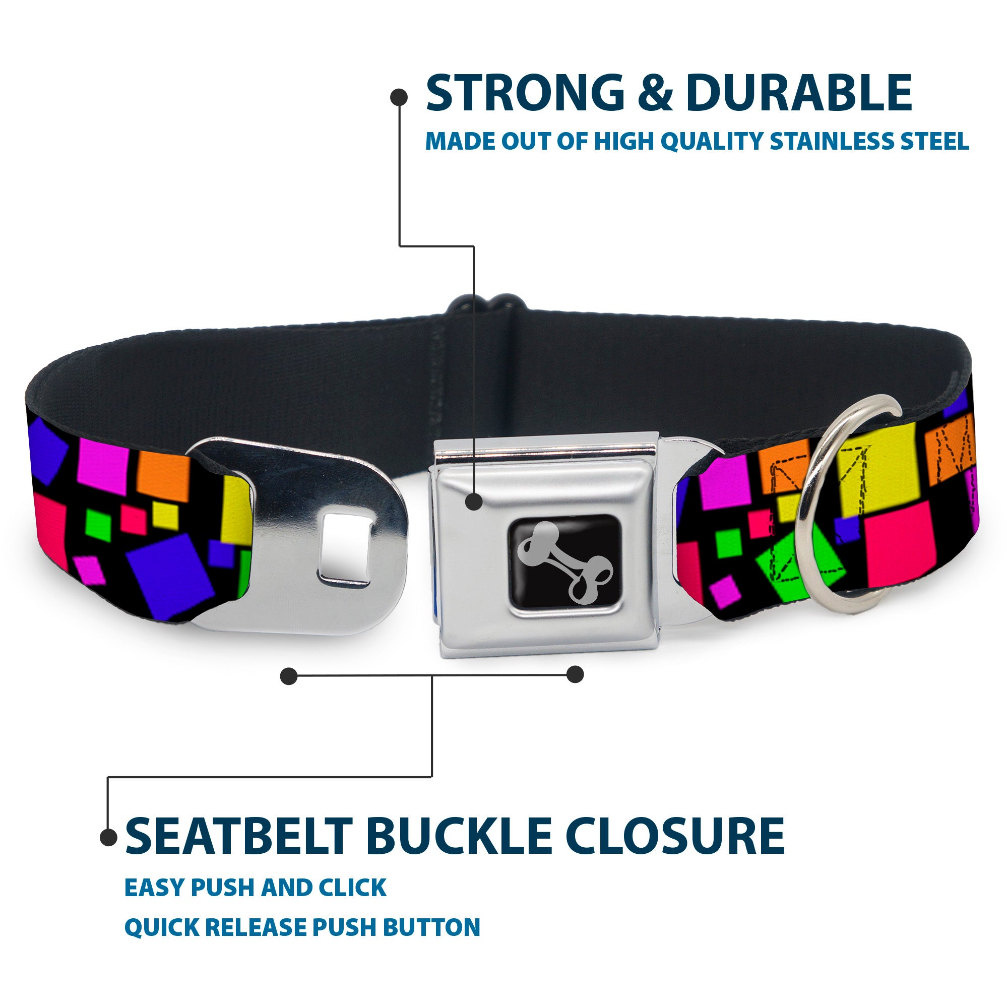 Dog Bone Seatbelt Buckle Collar - Squares Black/Multi Color Seatbelt Buckle Collars Buckle-Down