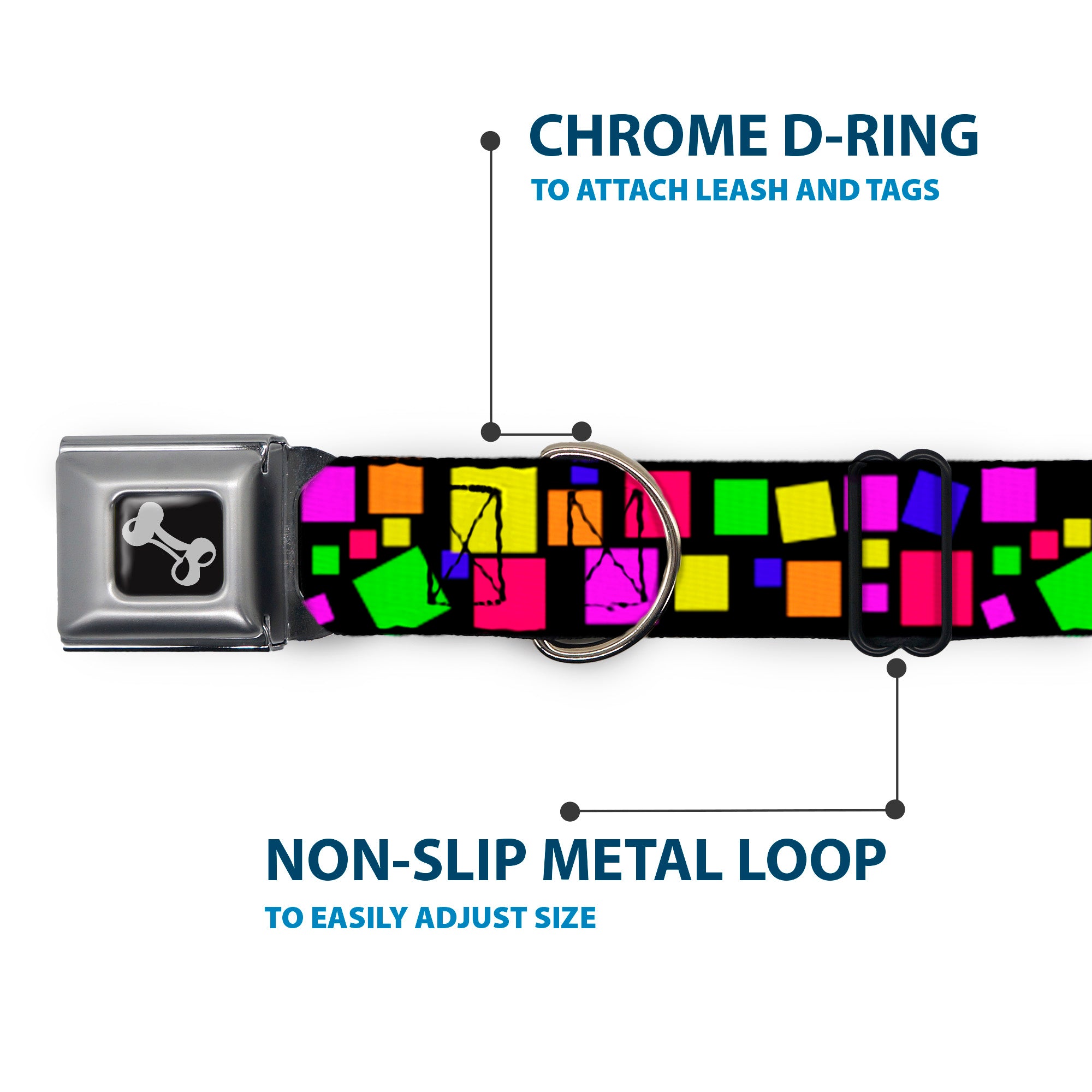 Dog Bone Seatbelt Buckle Collar - Squares Black/Multi Color Seatbelt Buckle Collars Buckle-Down