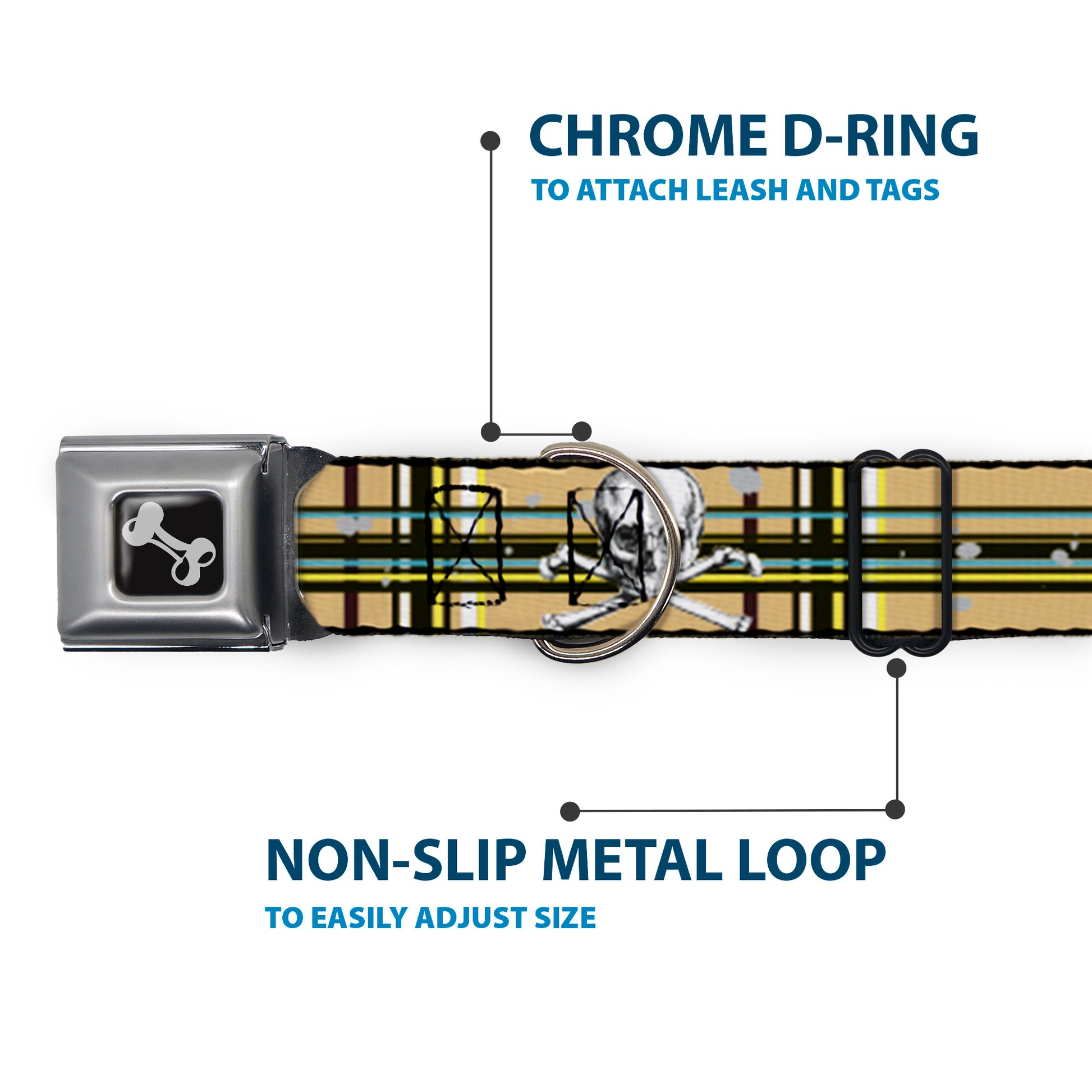 Dog Bone Seatbelt Buckle Collar - Skull & Cross Bones Plaid Tan Seatbelt Buckle Collars Buckle-Down