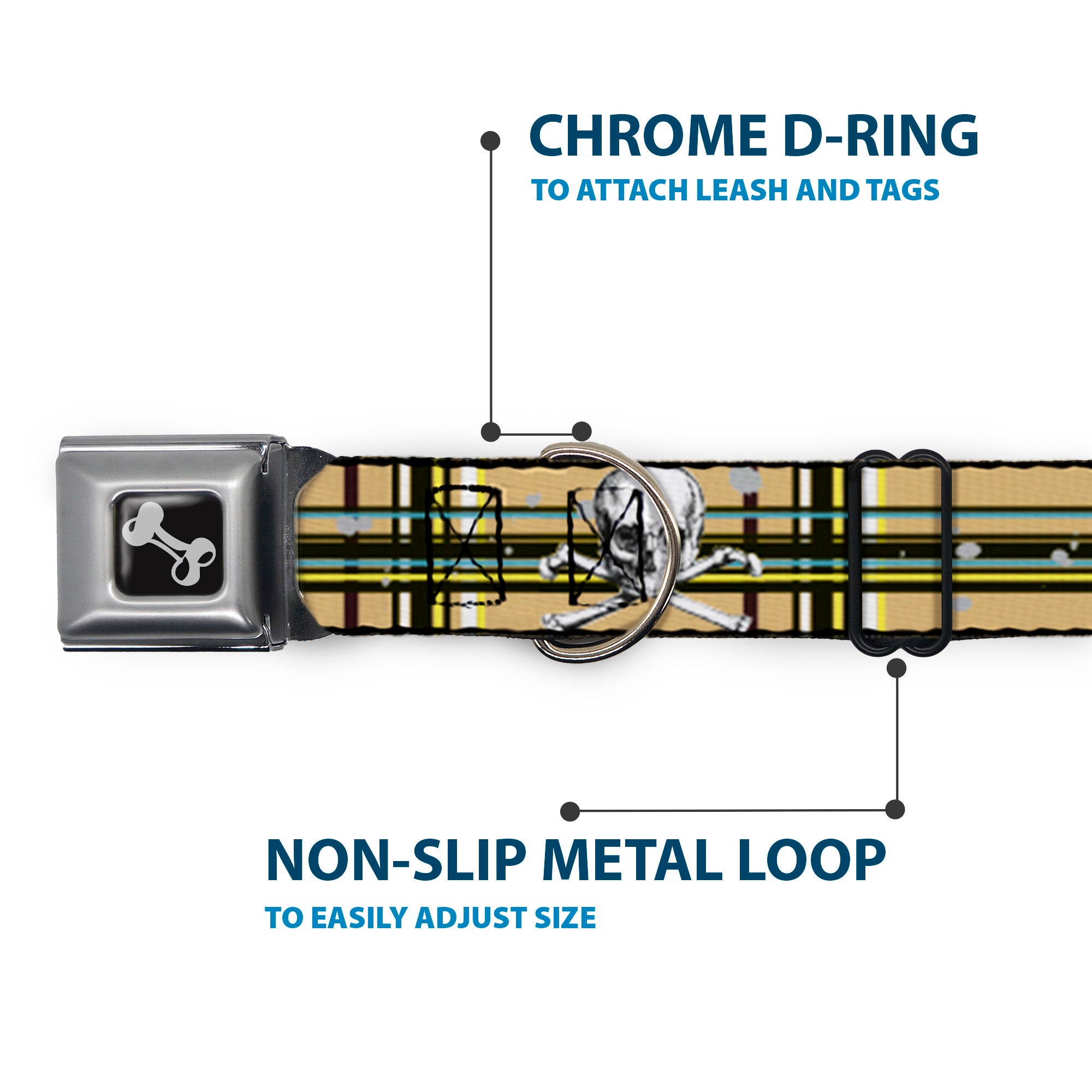 Dog Bone Seatbelt Buckle Collar - Skull & Cross Bones Plaid Tan Seatbelt Buckle Collars Buckle-Down