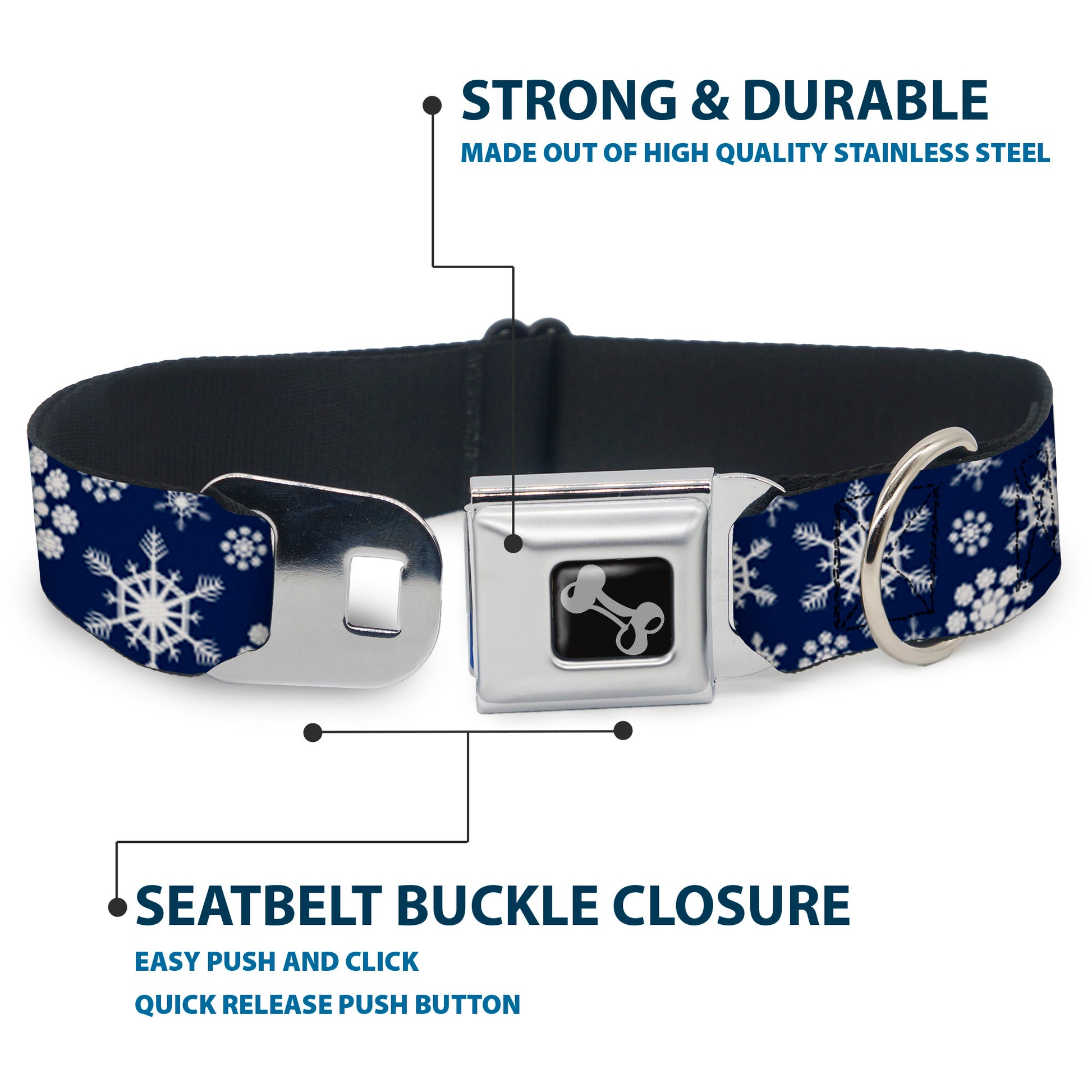Dog Bone Seatbelt Buckle Collar - Snowflakes Blue/White Seatbelt Buckle Collars Buckle-Down