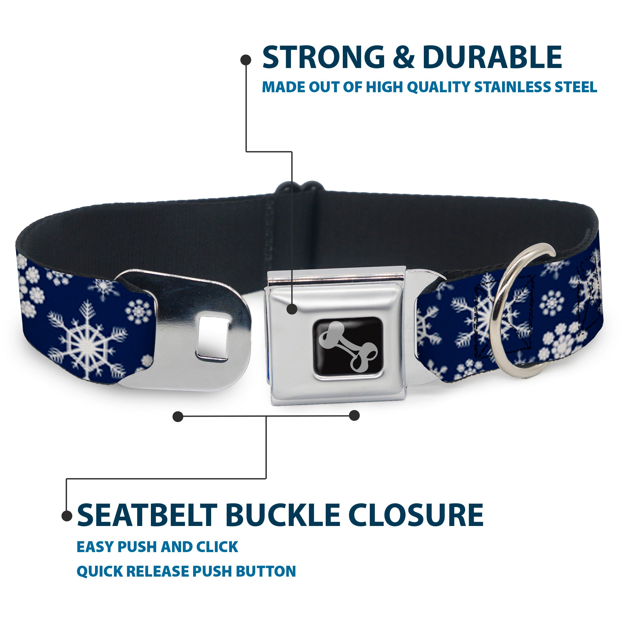 Dog Bone Seatbelt Buckle Collar - Snowflakes Blue/White Seatbelt Buckle Collars Buckle-Down