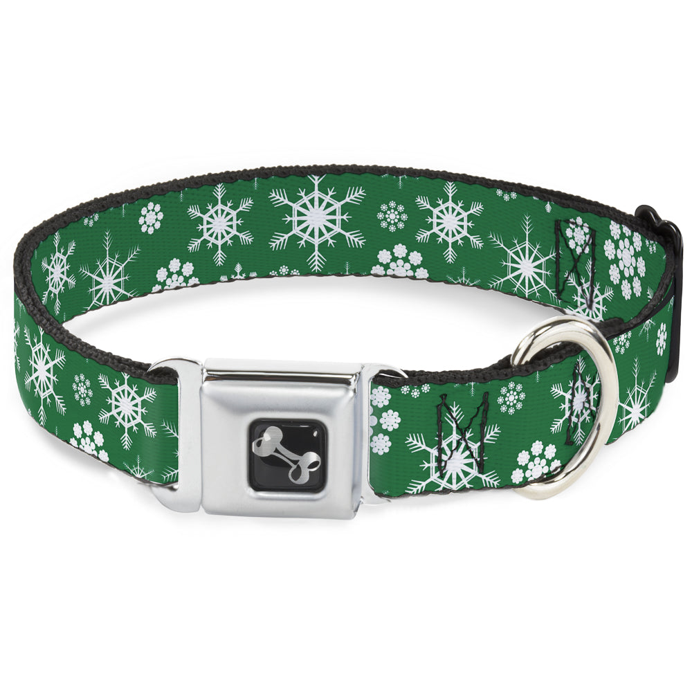 Dog Bone Seatbelt Buckle Collar - Snowflakes Green/White Seatbelt Buckle Collars Buckle-Down
