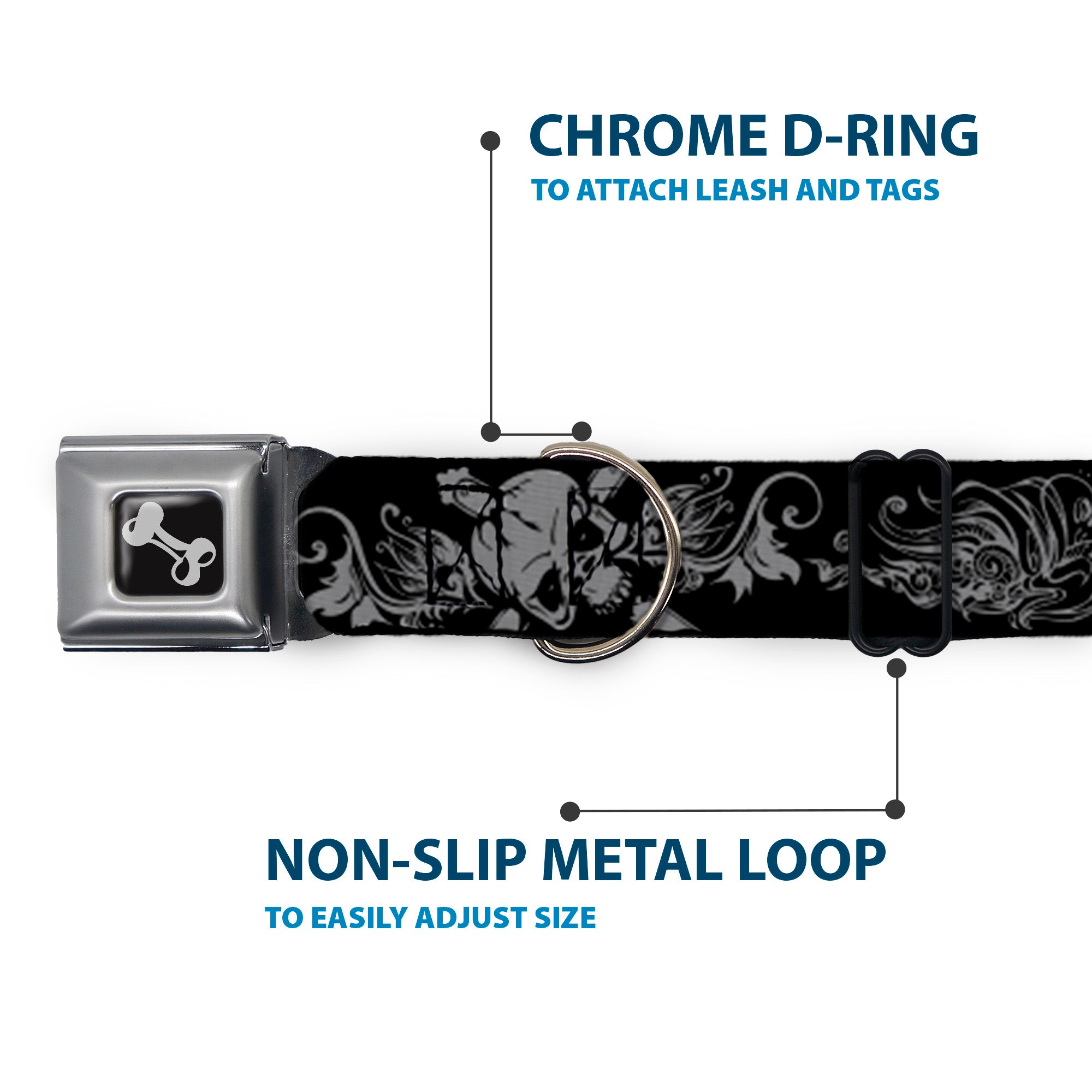 Dog Bone Seatbelt Buckle Collar - Skull & Dagger w/Filigree Black/Gray Seatbelt Buckle Collars Buckle-Down