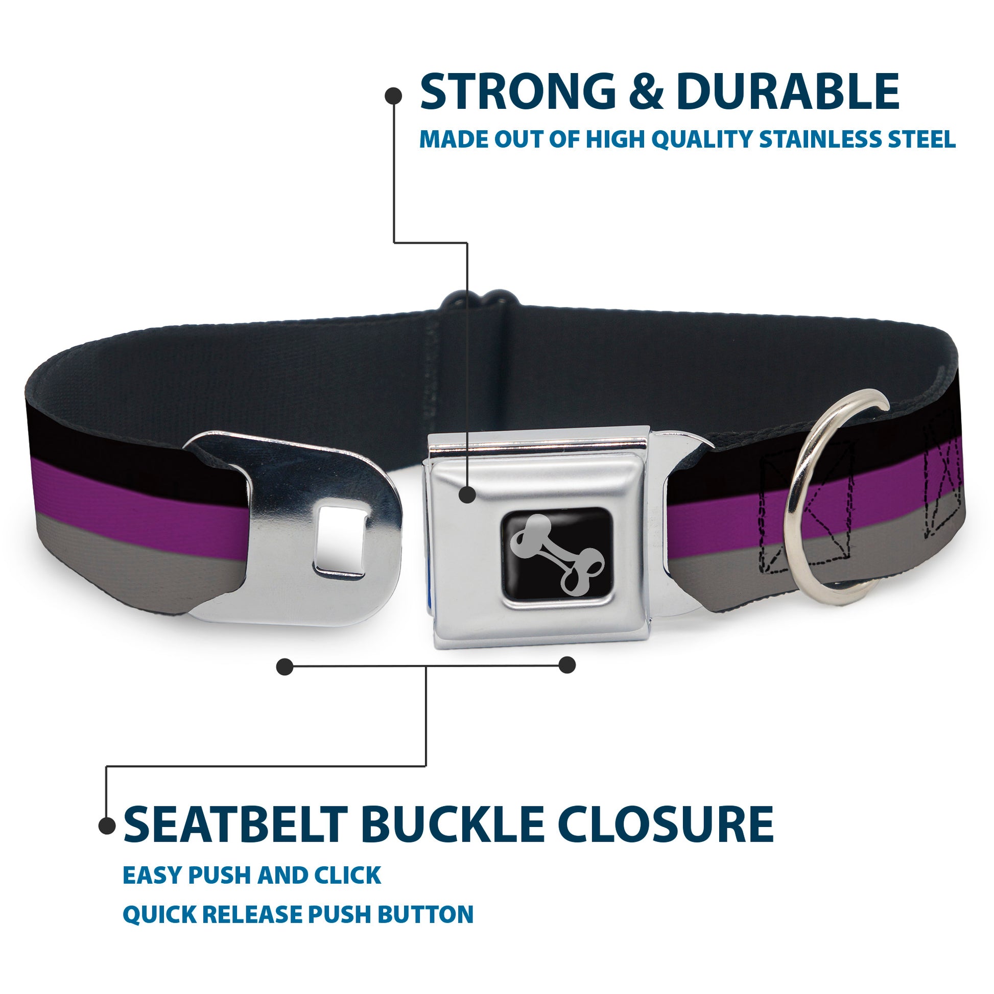 Dog Bone Seatbelt Buckle Collar - Stripes Black/Purple/Gray Seatbelt Buckle Collars Buckle-Down