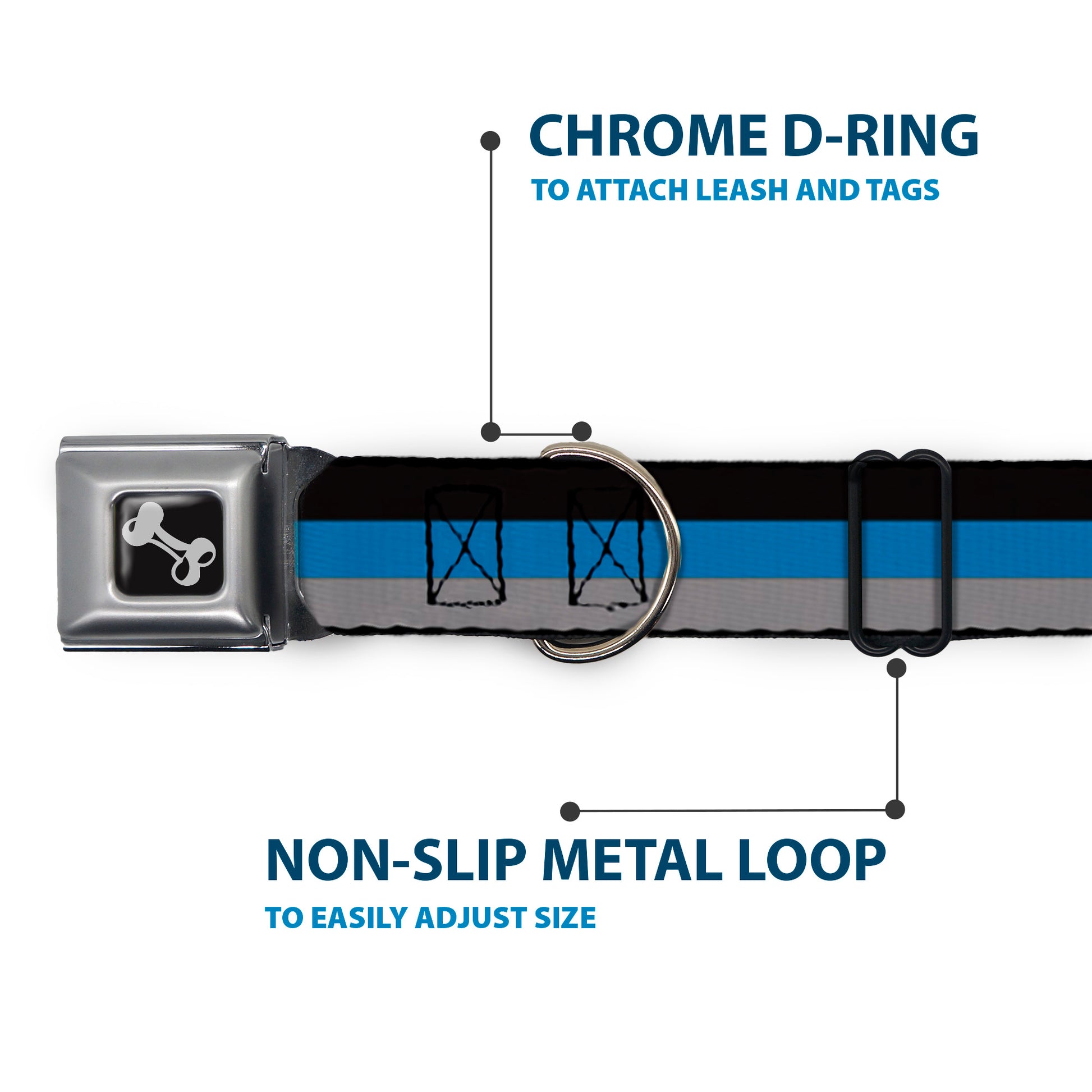 Dog Bone Seatbelt Buckle Collar - Stripes Black/Turquoise/Gray Seatbelt Buckle Collars Buckle-Down