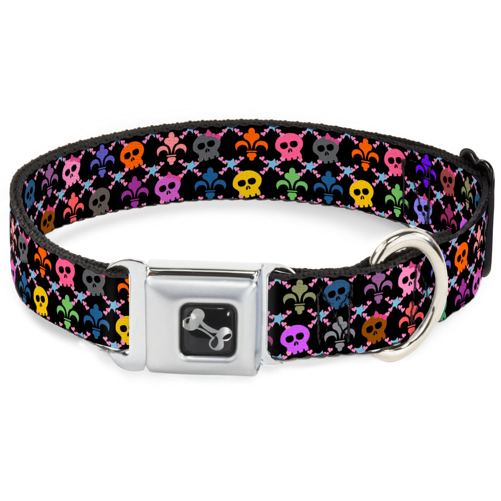 Dog Bone Seatbelt Buckle Collar - Skull & Fleur-de-Lis Black/Multi Color Seatbelt Buckle Collars Buckle-Down