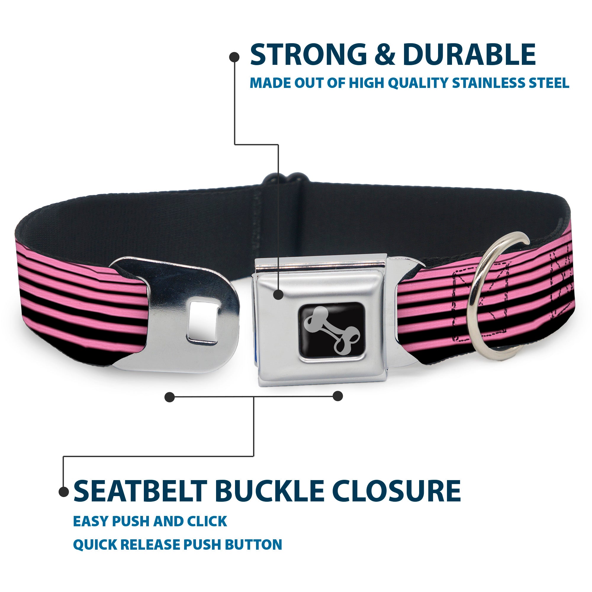 Dog Bone Seatbelt Buckle Collar - Stripe Transition Black/Pink Seatbelt Buckle Collars Buckle-Down