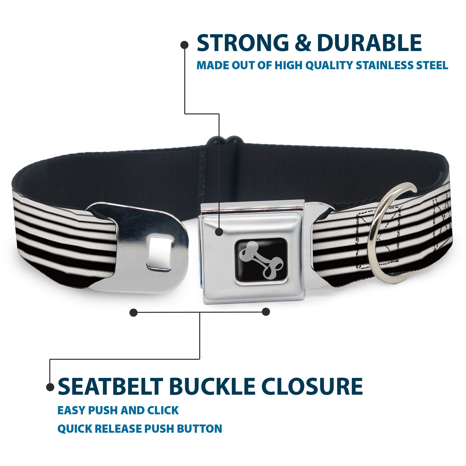 Dog Bone Seatbelt Buckle Collar - Stripe Transition Black/White Seatbelt Buckle Collars Buckle-Down