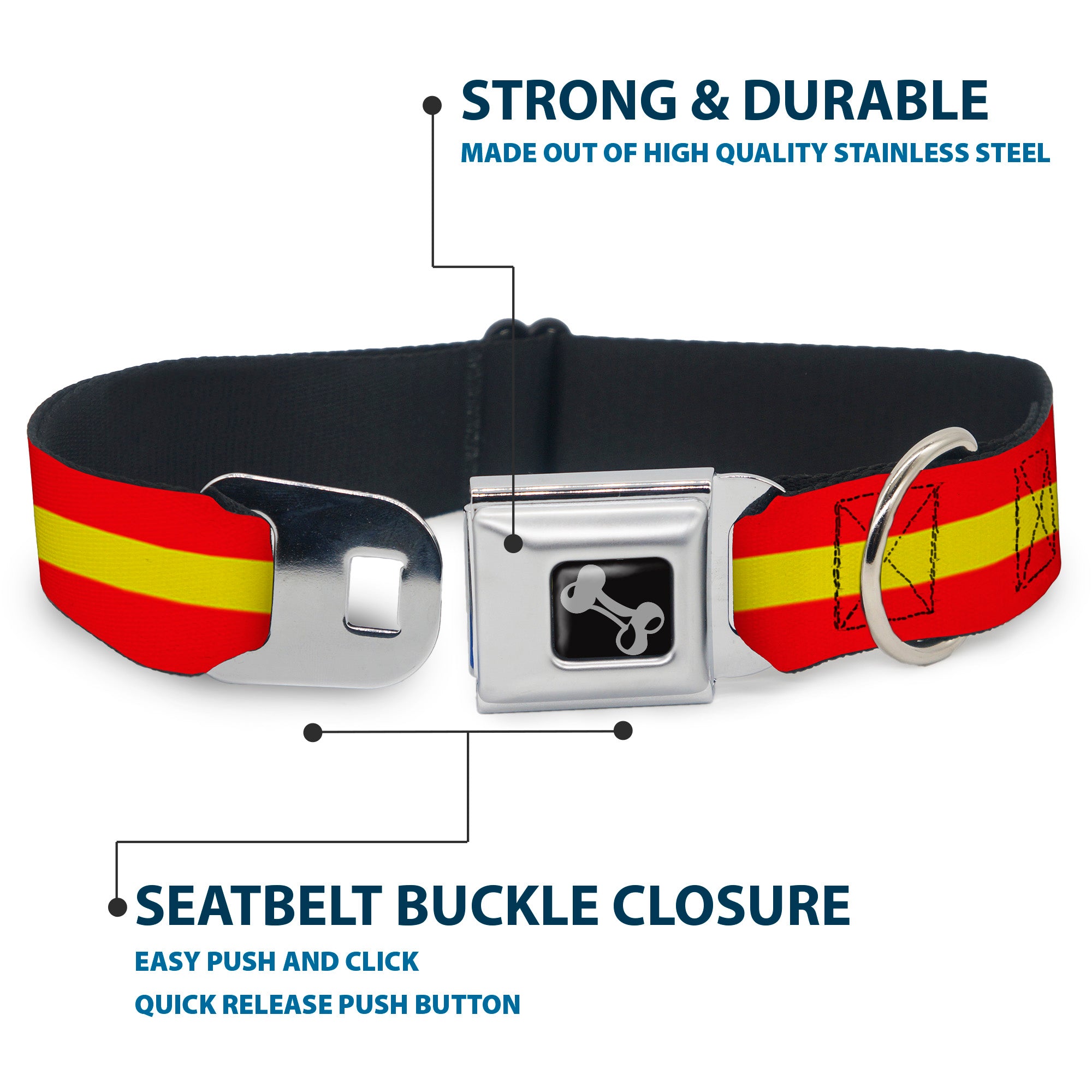 Dog Bone Seatbelt Buckle Collar - Stripes Red/Yellow/Red Seatbelt Buckle Collars Buckle-Down