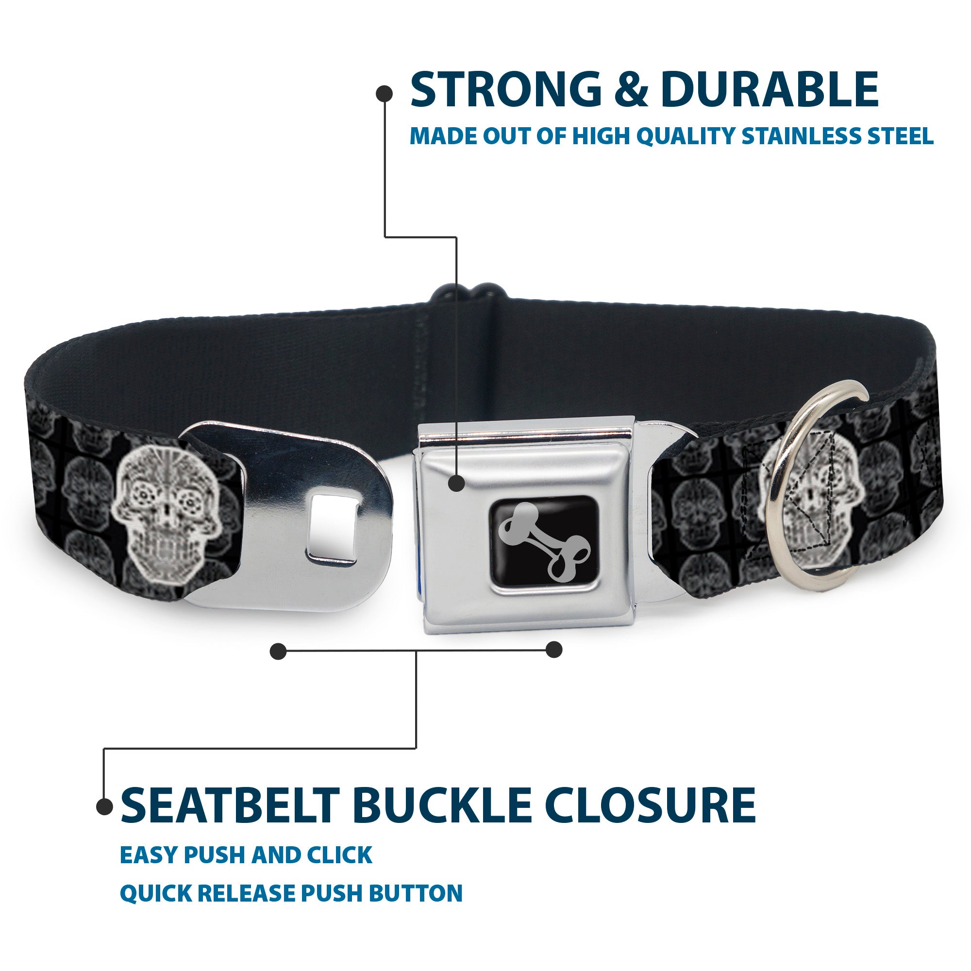 Dog Bone Seatbelt Buckle Collar - Skull Candy Black/Gray/White Seatbelt Buckle Collars Buckle-Down