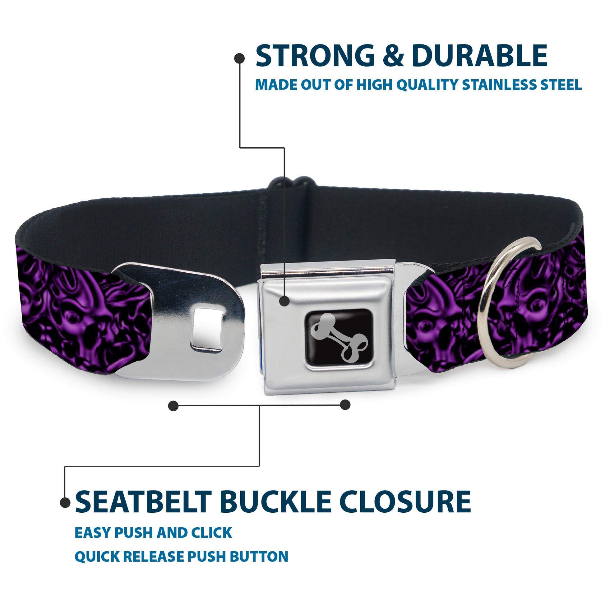 Dog Bone Seatbelt Buckle Collar - Sleeve Skulls Black/Purple Seatbelt Buckle Collars Buckle-Down